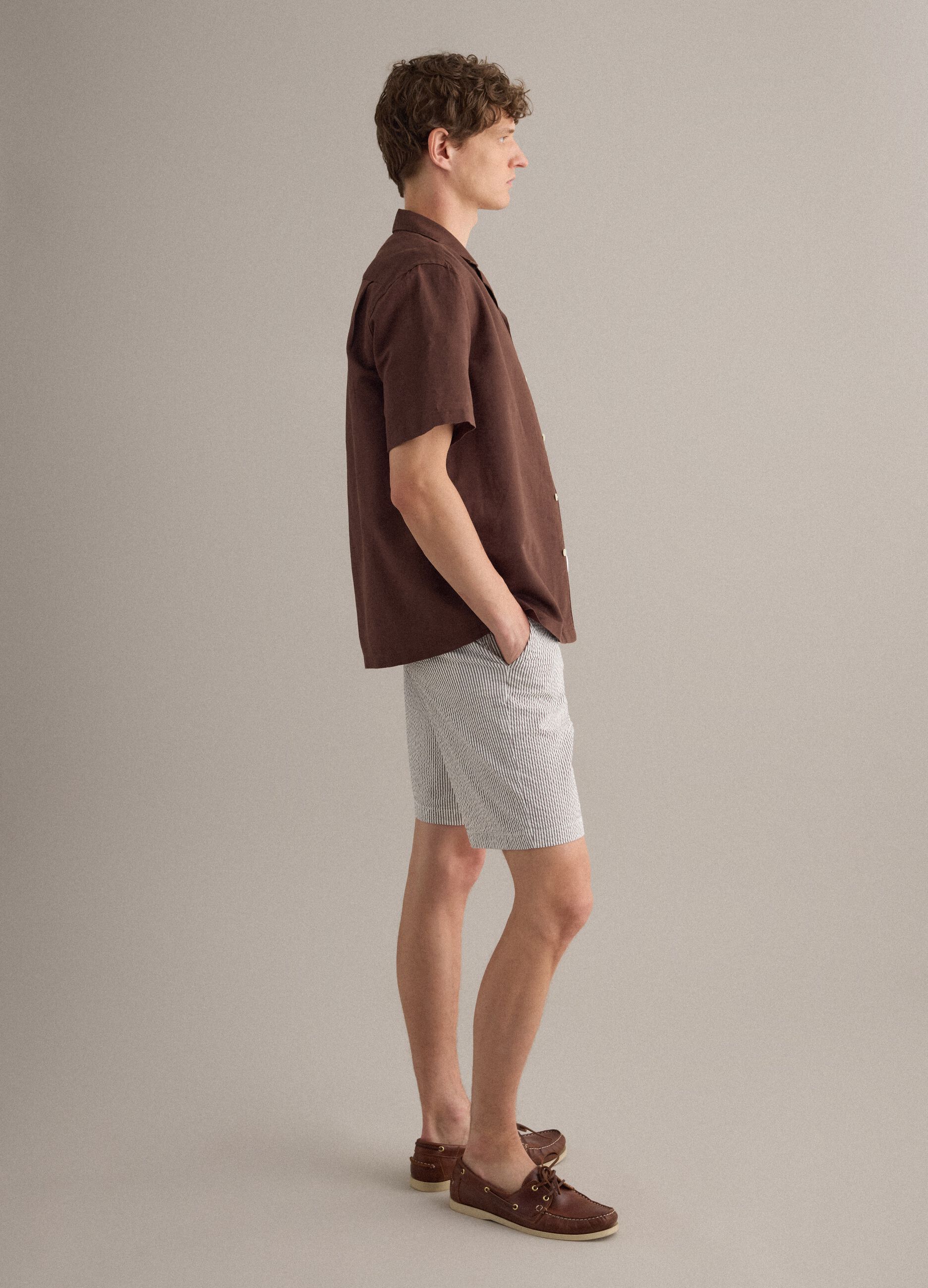 Brown linen-blend bowling-collar shirt