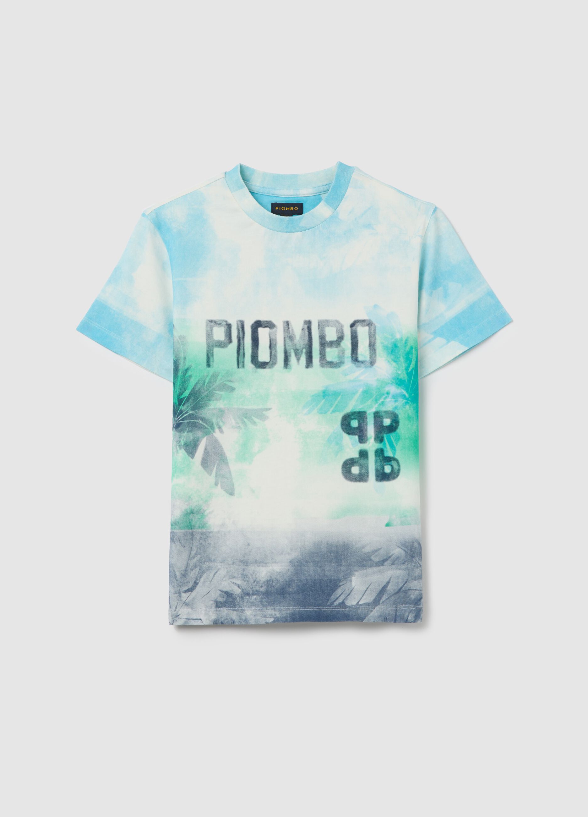 Light blue and blue dip-dye T-shirt with logo and palms print