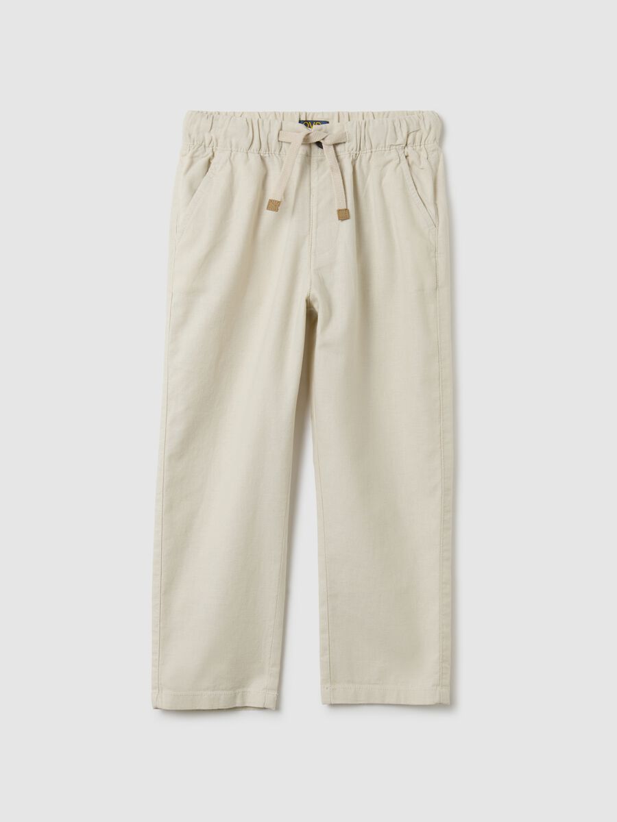 Children's beige linen blend relaxed fit trousers_0