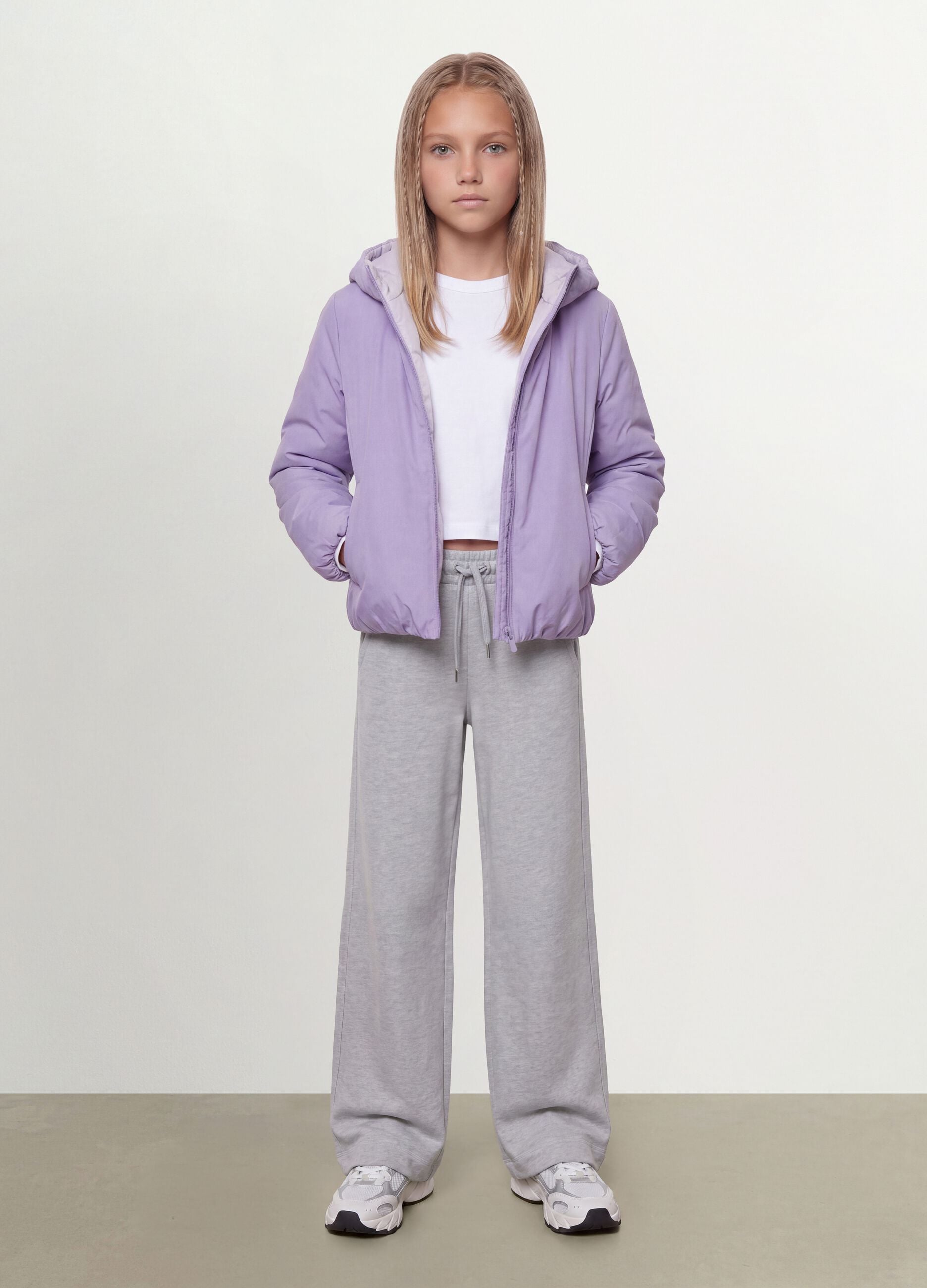 Purple reversible ultralight hooded jacket with zip for girls