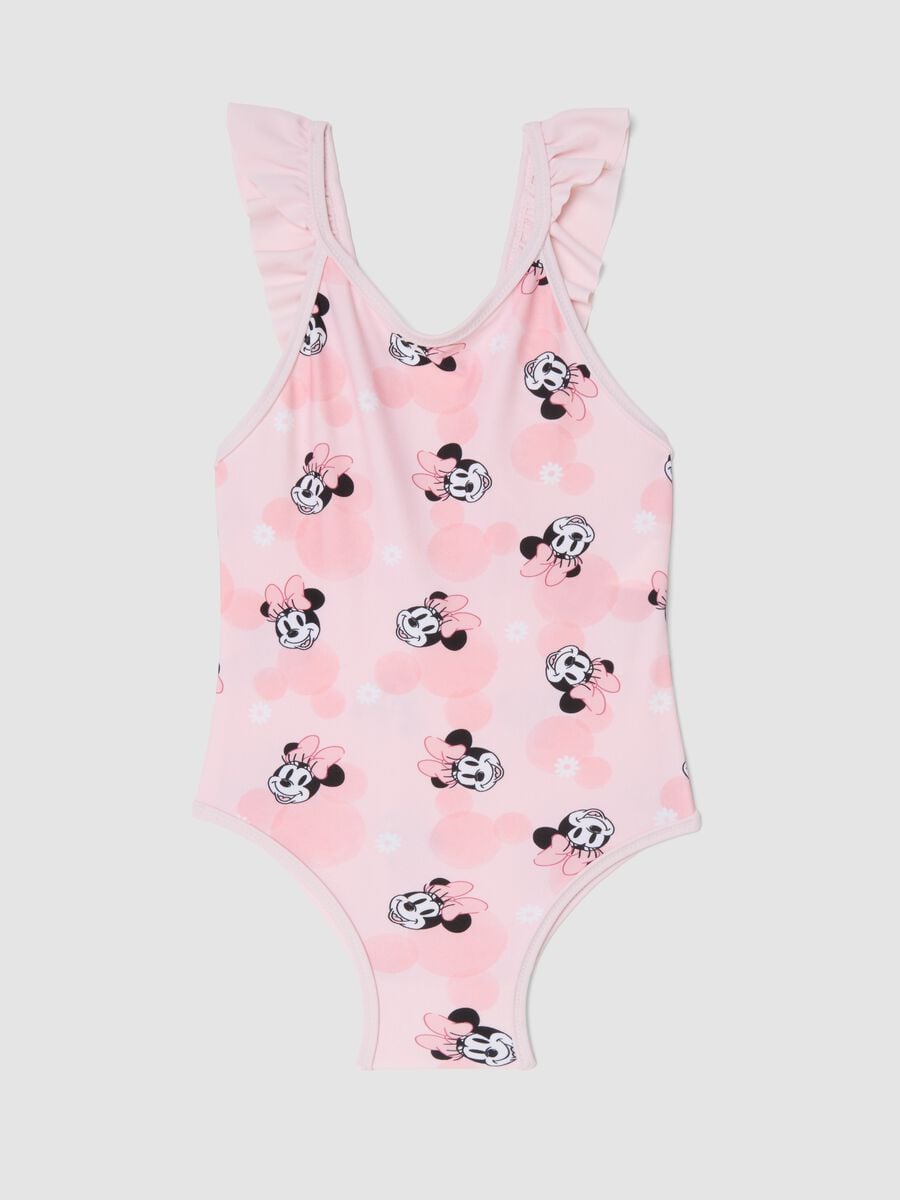 Costume intero rosa in tessuto elasticizzato con volant_0
