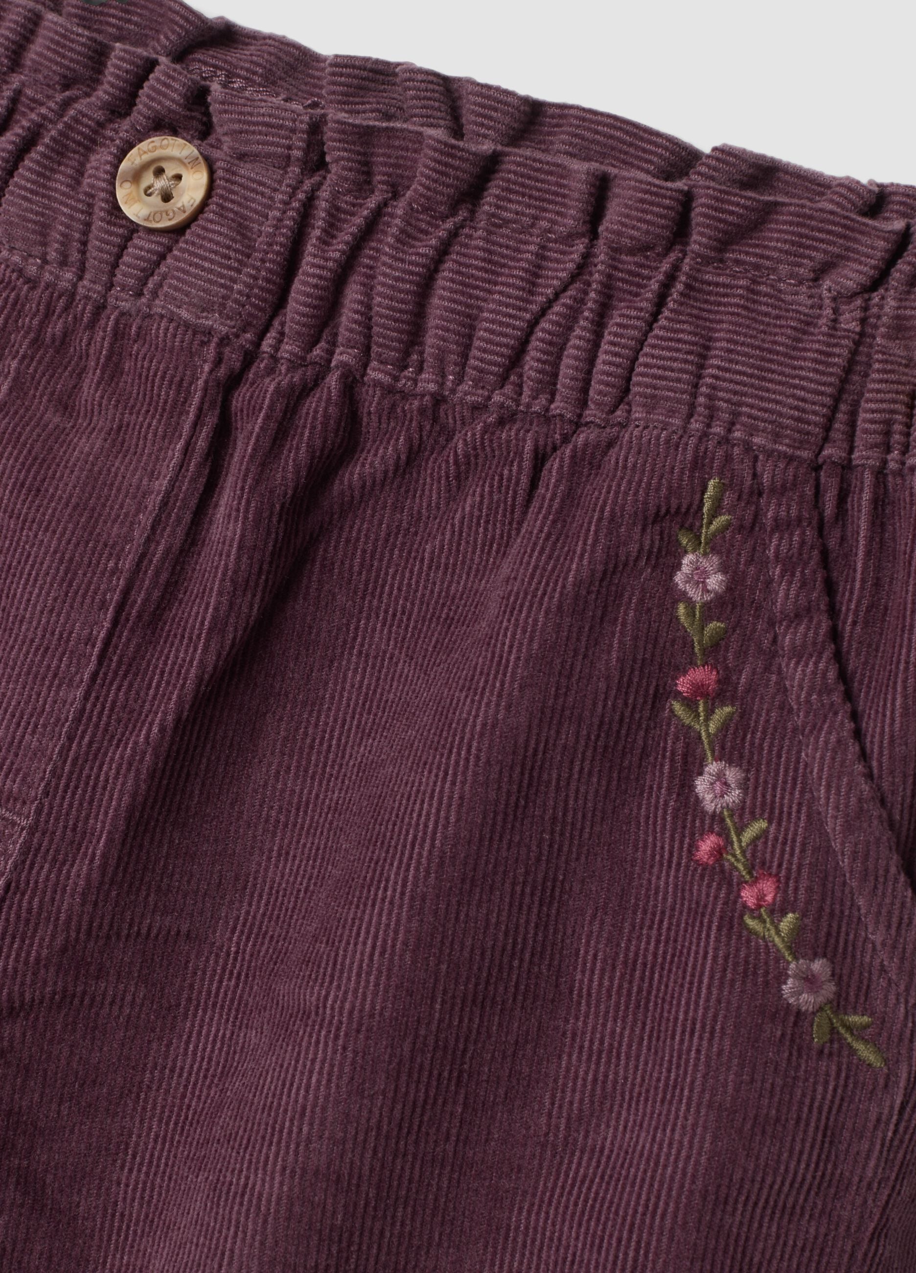 Purple pure cotton trousers with floral embroidery