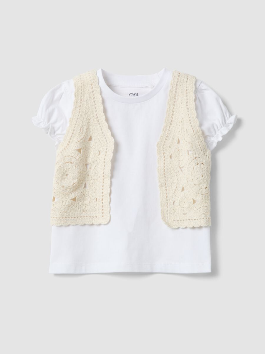 Girl's white pure cotton T-shirt regular fit with waistcoat_0