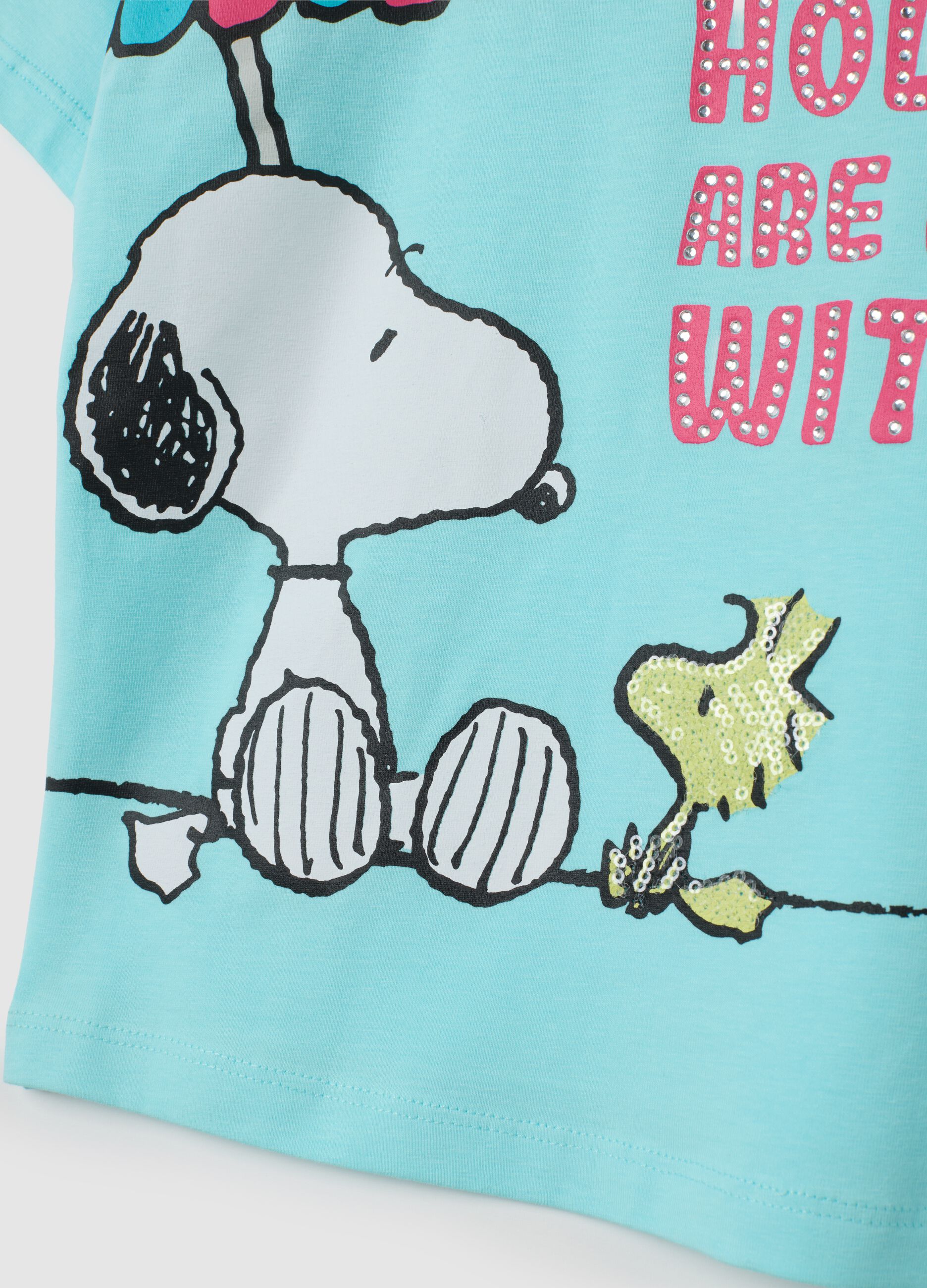 Blue stretch cotton girls' t-shirt with Snoopy print