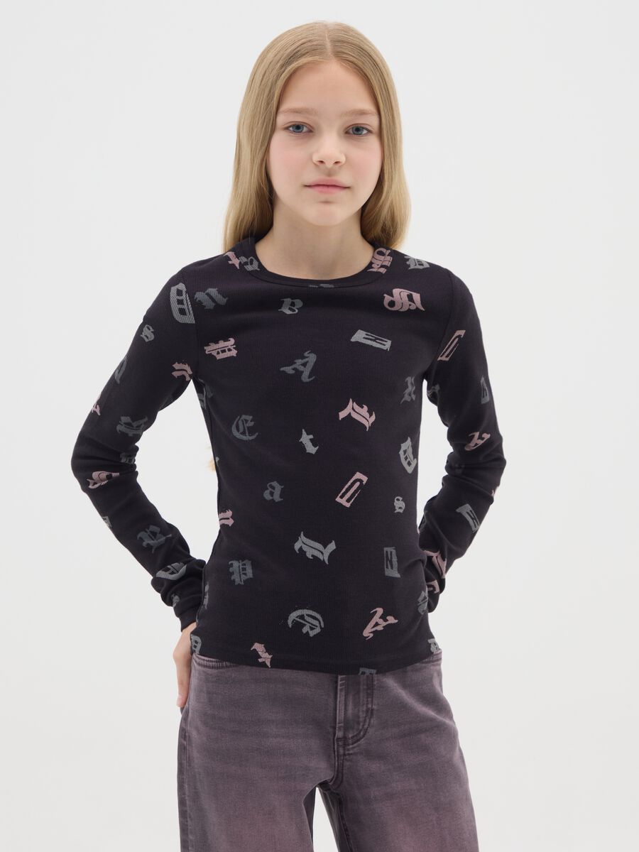 T-shirt da ragazza in cotone elasticizzato nero regular fit_0
