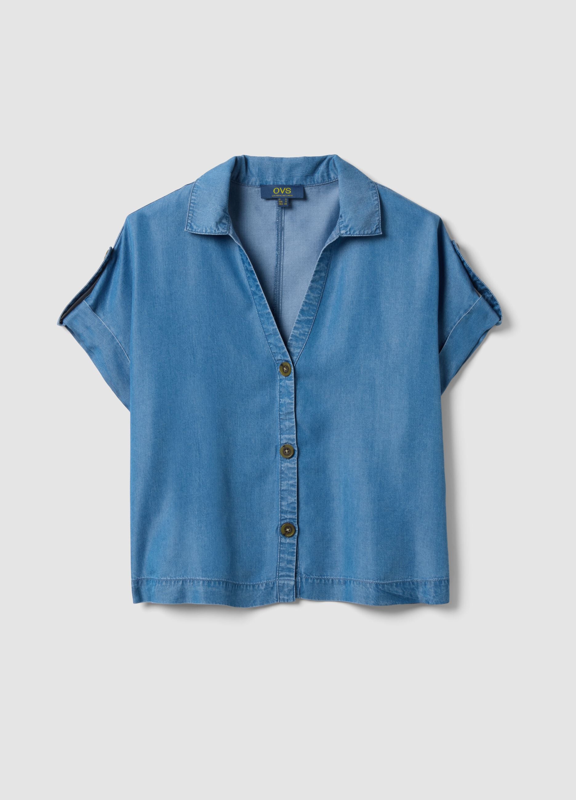 Light blue pure lyocell shirt with patterned collar