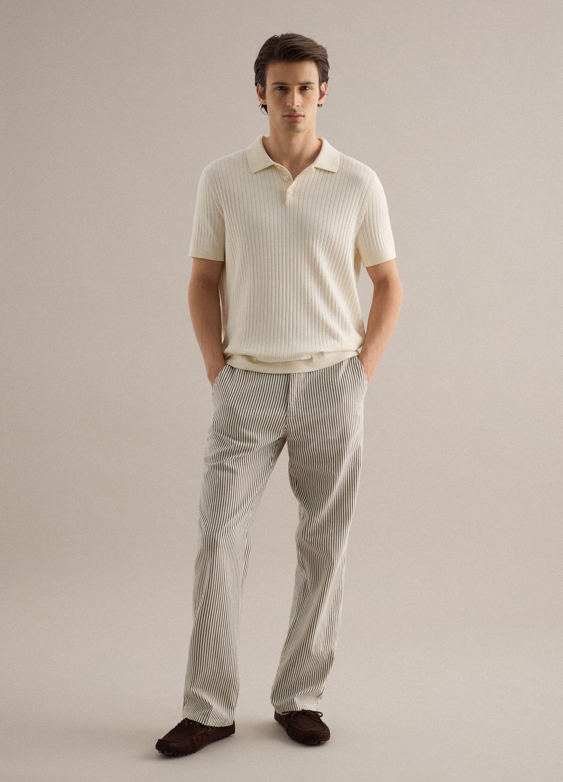 Multicolor striped linen-cotton blend chino trousers, straight fit