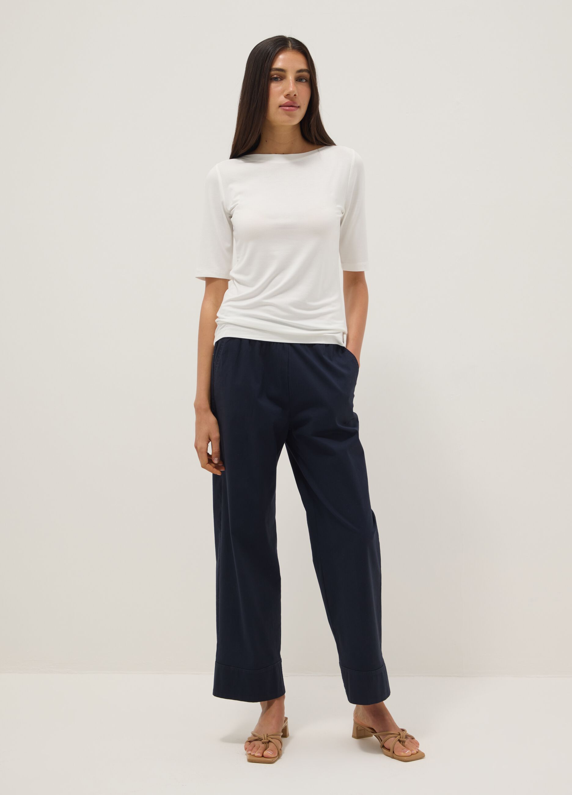 White stretch viscose regular fit boat neck t-shirt