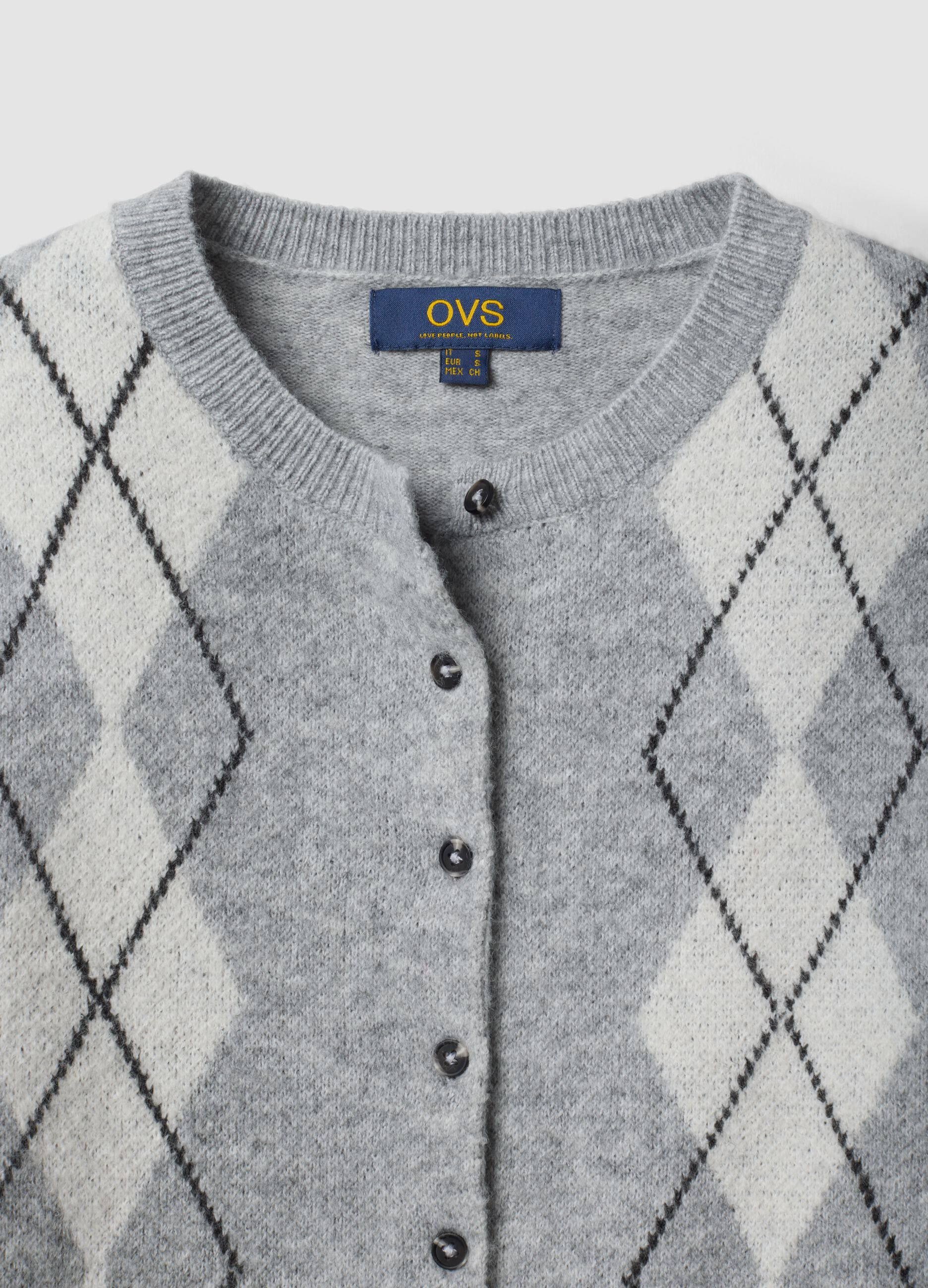 Grey jacquard stretch wool crew-neck cardigan, regular fit