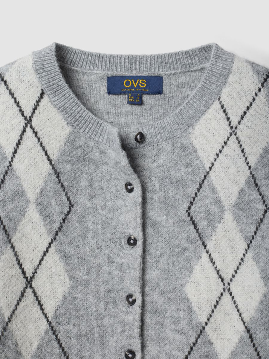 Cardigan grigio in lana elasticizzata jacquard girocollo regular fit_5