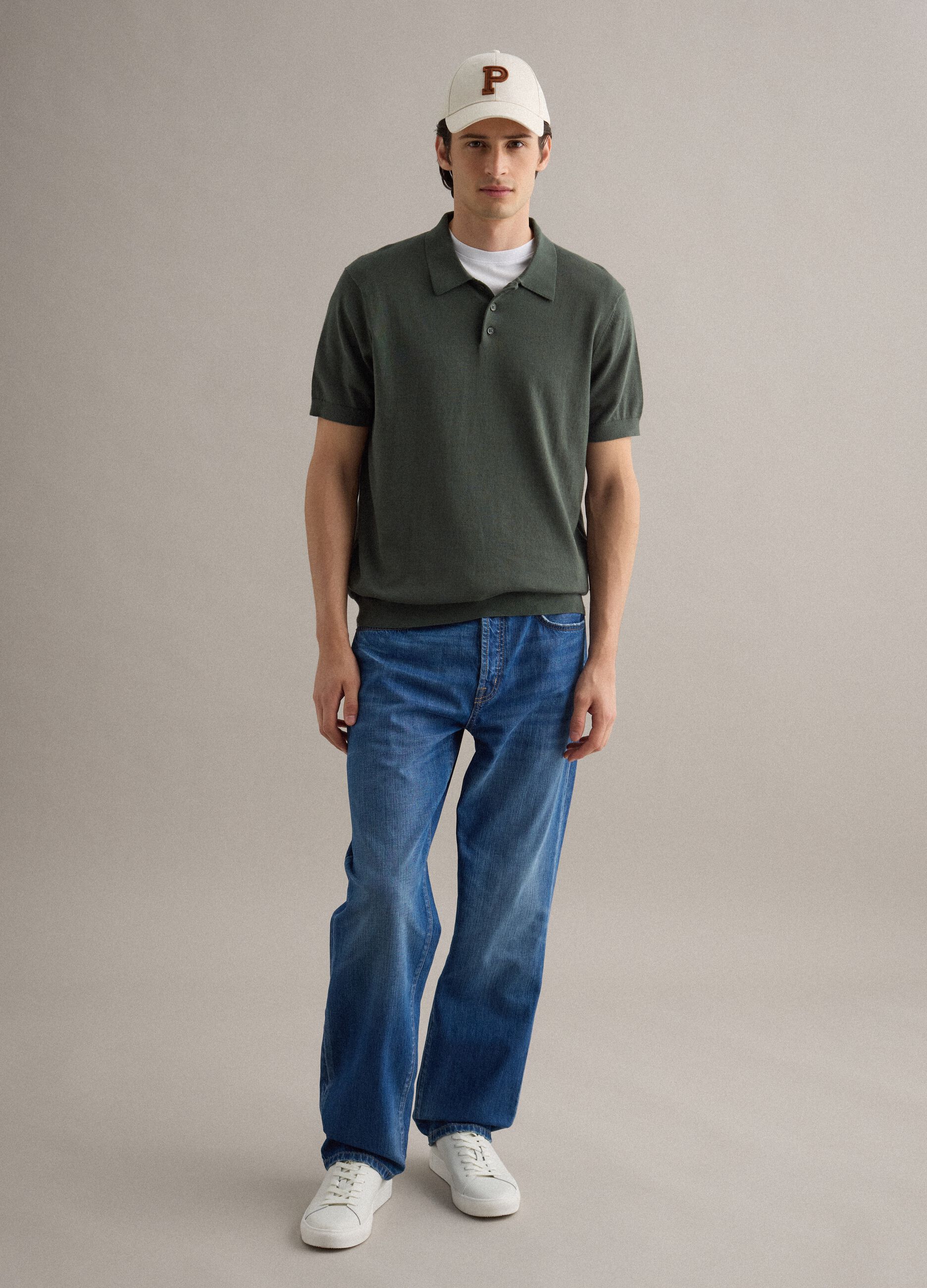 Regular fit green cotton, linen and silk blend polo