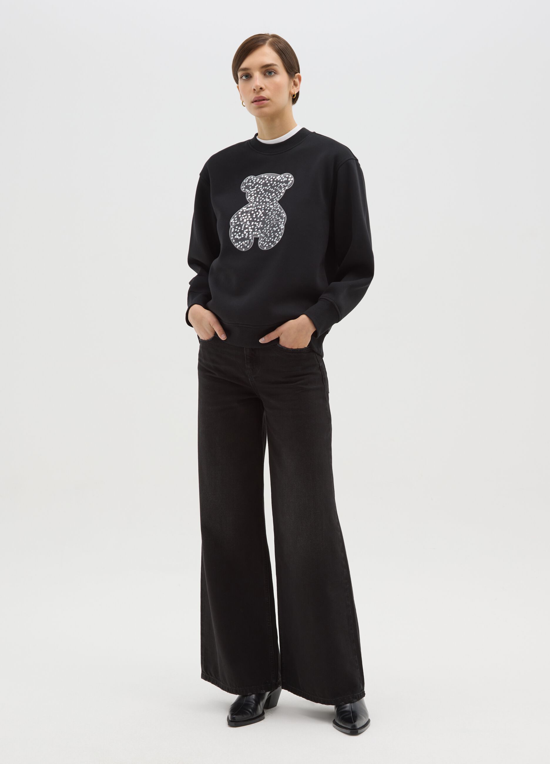Black cotton blend relaxed fit sweatshirt with glittery teddy bear