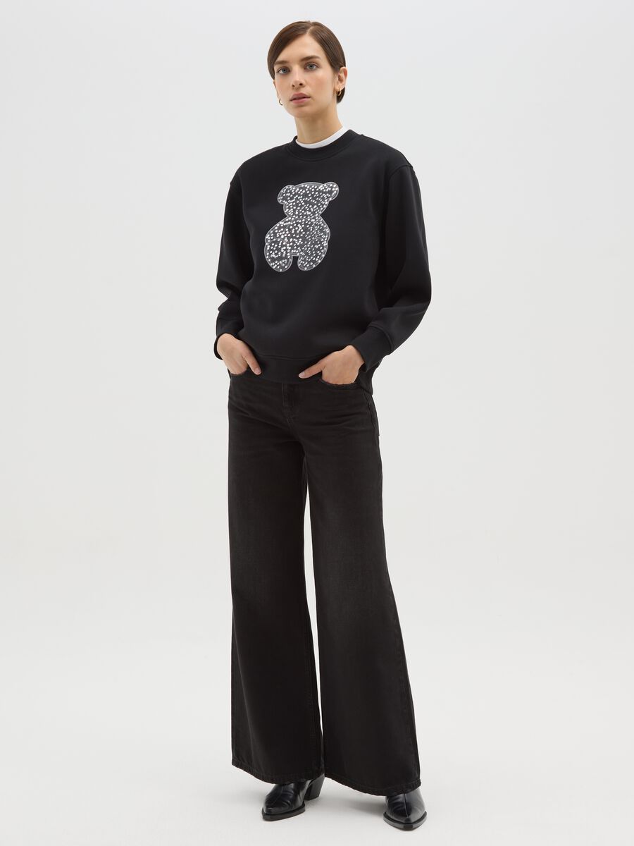 Felpa nera  in misto cotone relaxed fit con orsetto glitterato_1