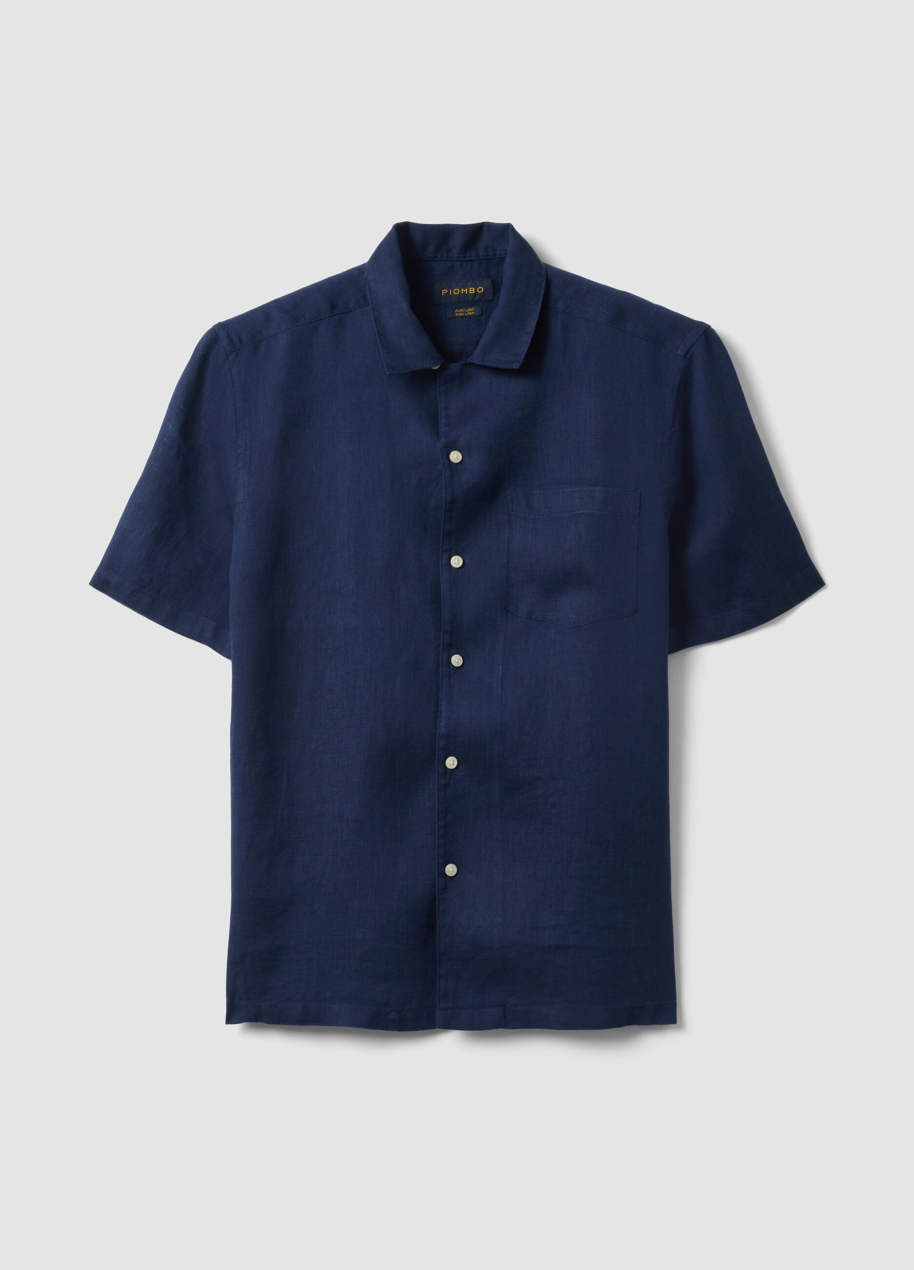 Blue pure linen short-sleeved bowling-collar shirt, regular fit