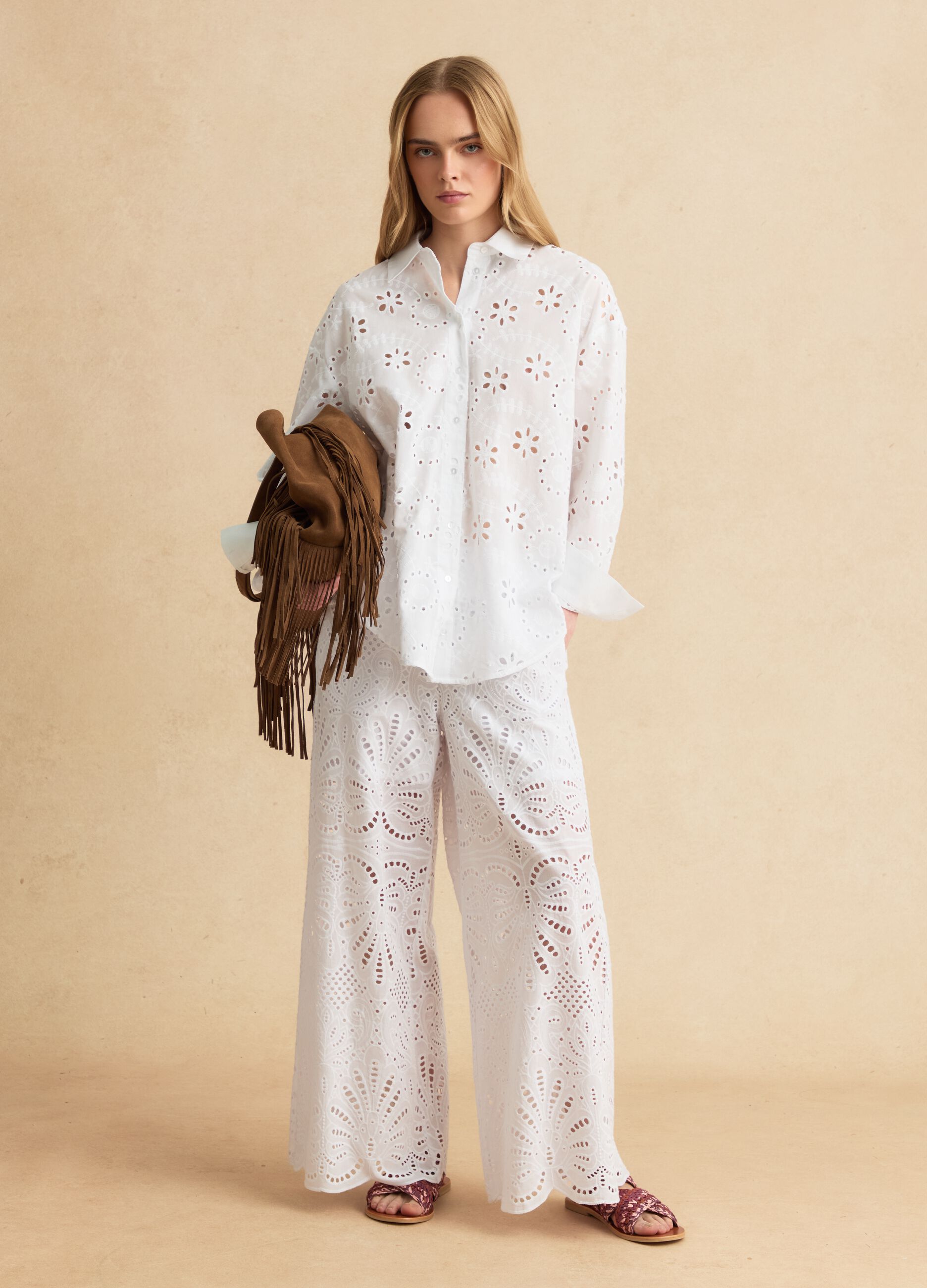White pure cotton broderie anglaise palazzo trousers