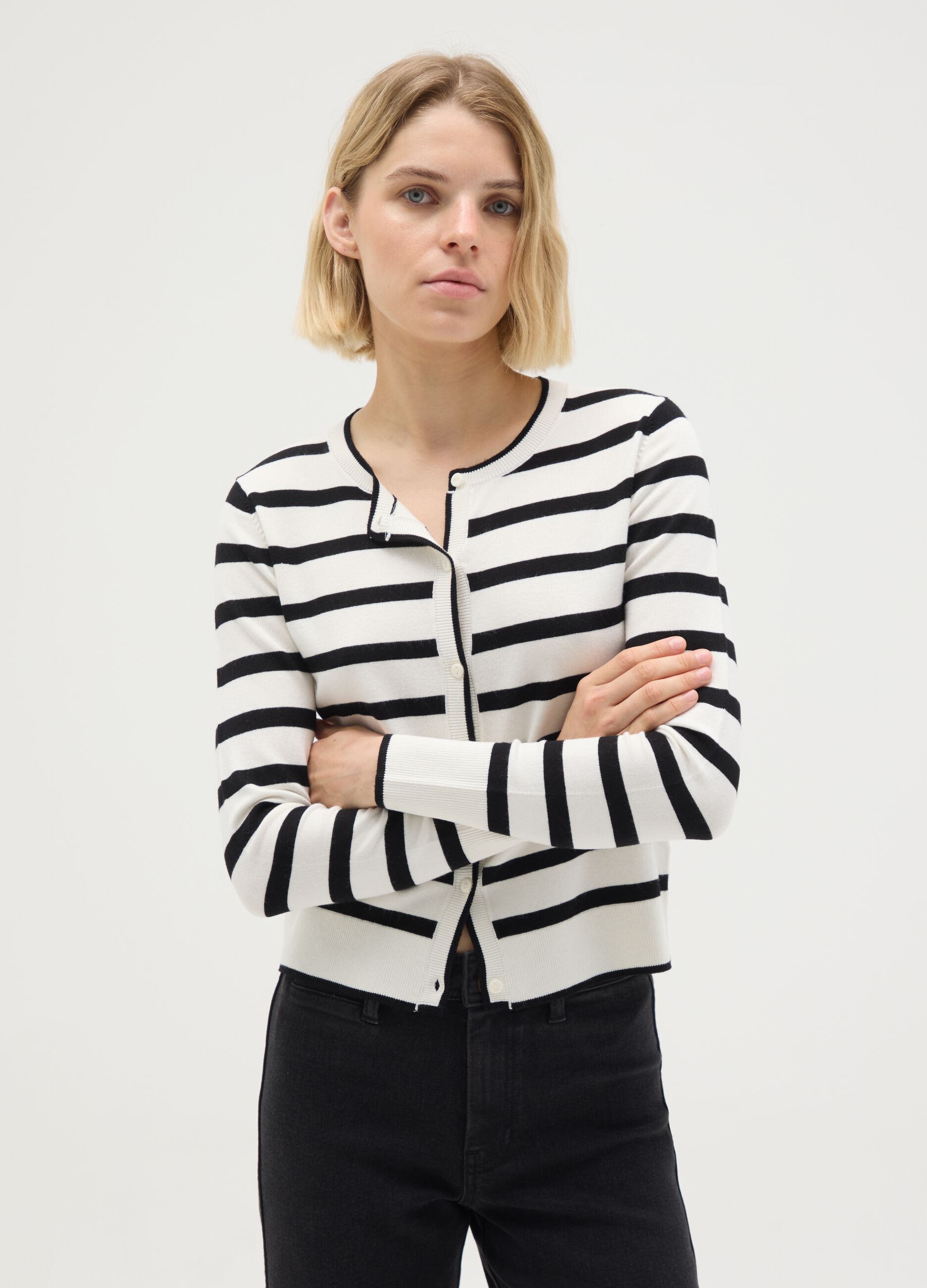 Multicolour Striped Mixed Fabric Cardigan - Regular Fit