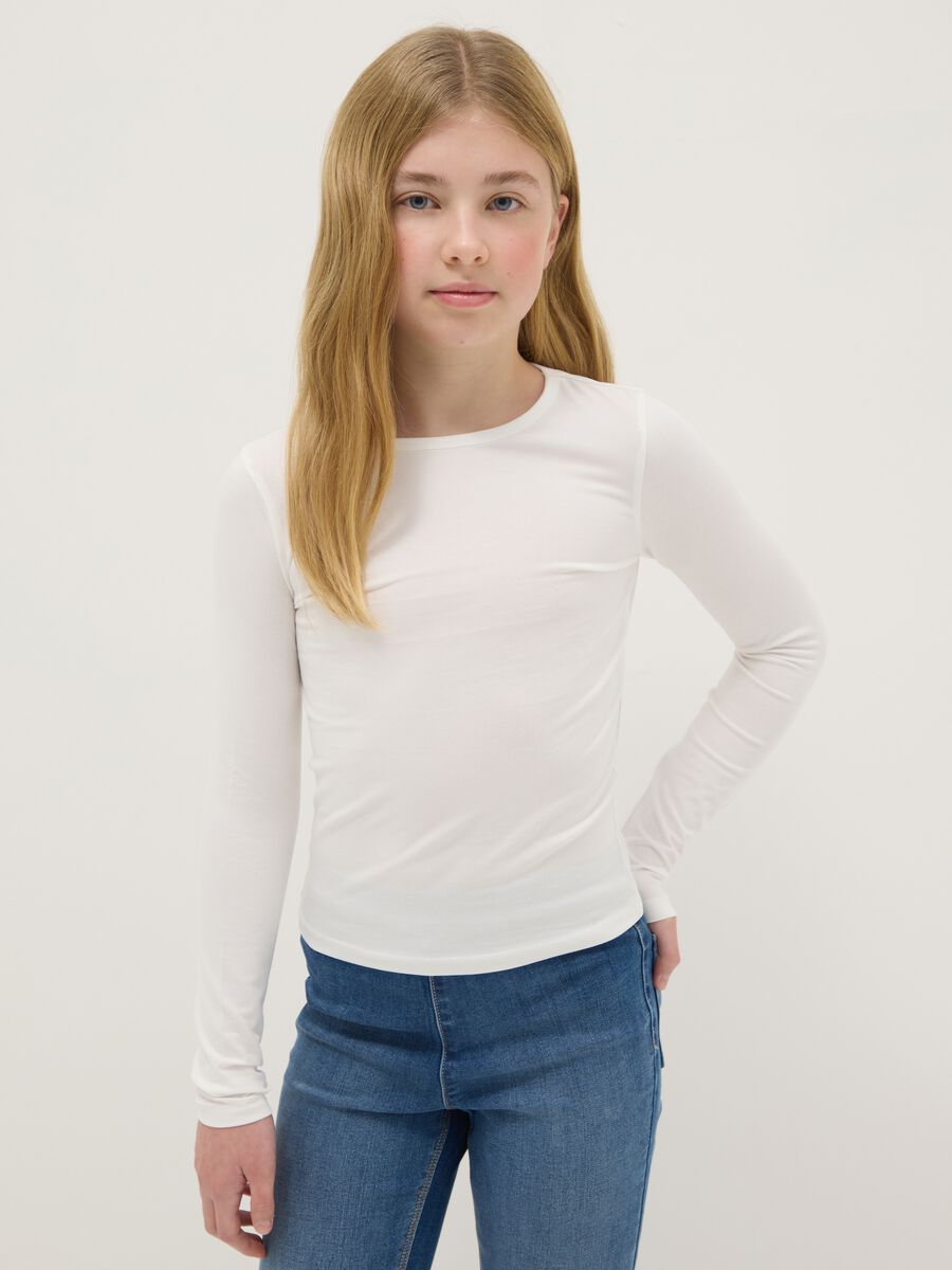 Maglia a maniche lunghe bianca da ragazza in misto cotone slim fit_0