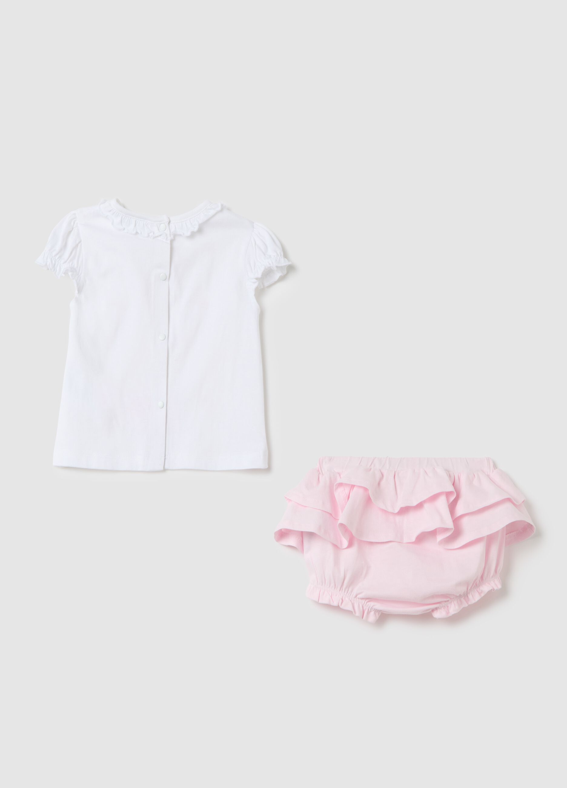 White and pink T-shirt and culottes set in cotton