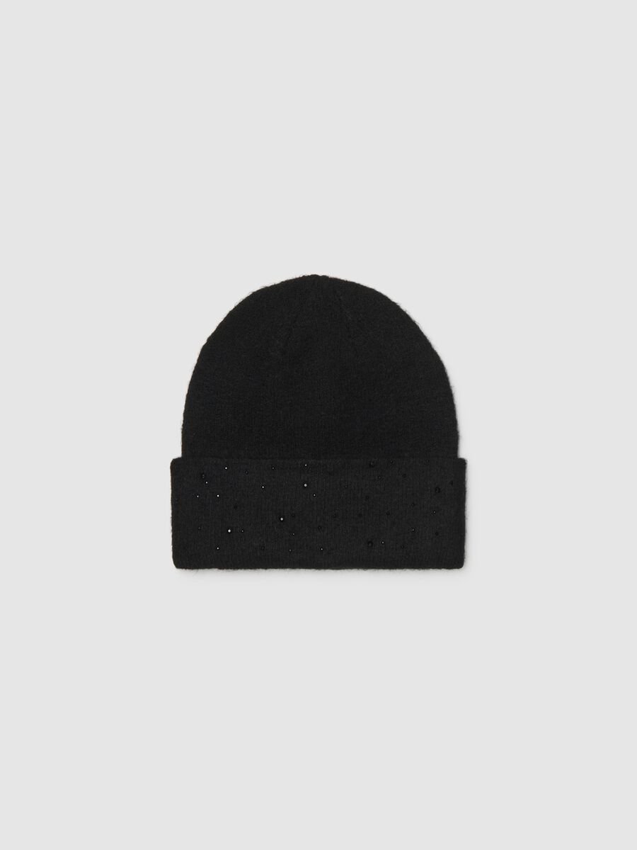 Black Wool Blend Knitted Beanie_0