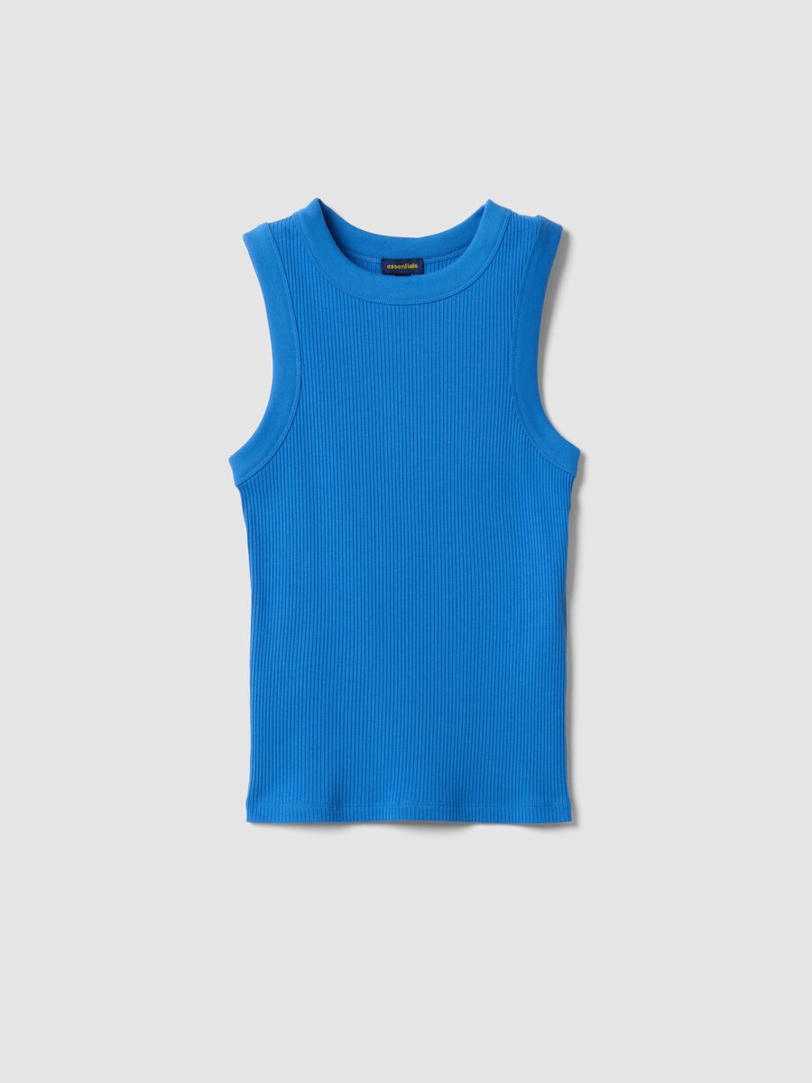Blue fitted ribbed stretch-cotton tank top_0