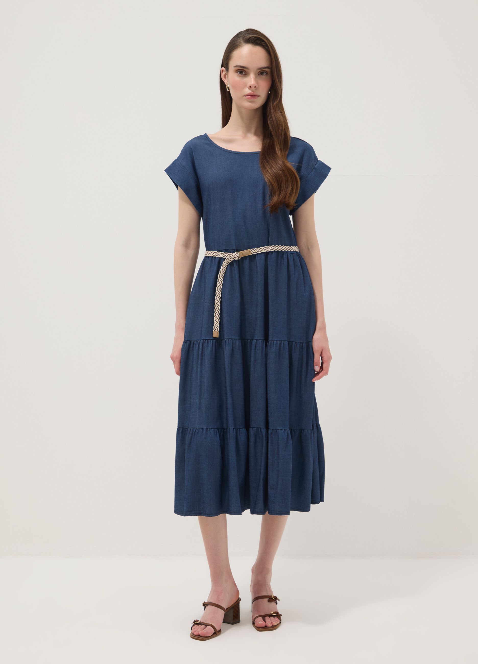 Blue midi dress in pure lyocell with braided belt