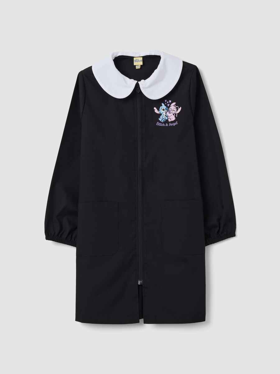 Black girls&rsquo; school apron with zip and white collar, Stitch embroidery_0
