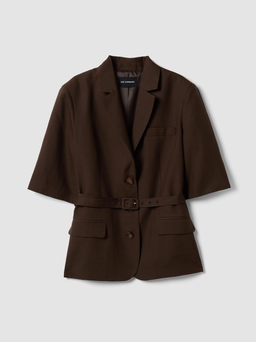 Blazer in misto lyocell e lino marrone regular fit con cintura_4