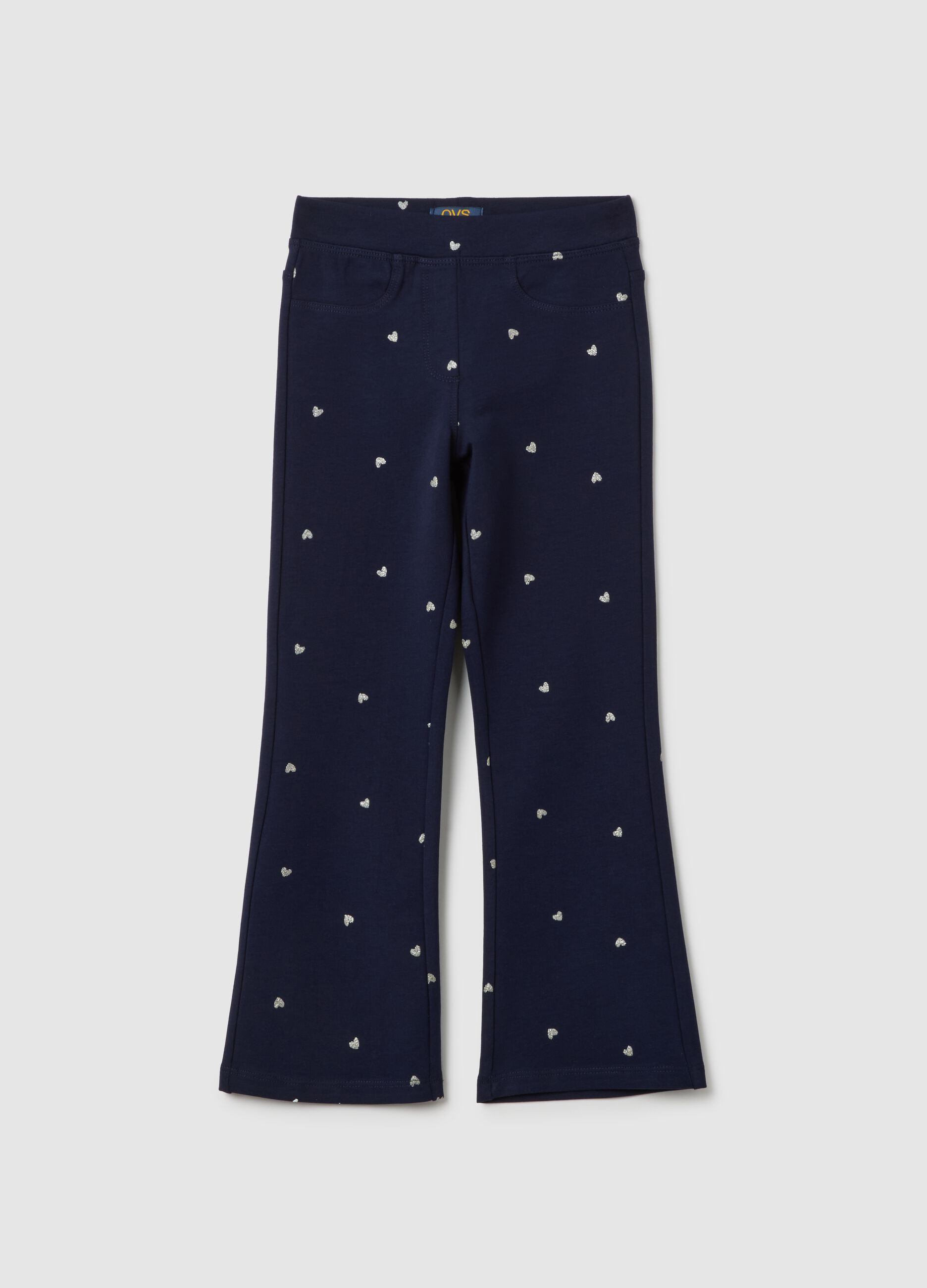 Girls' blue cotton flare trousers with hearts