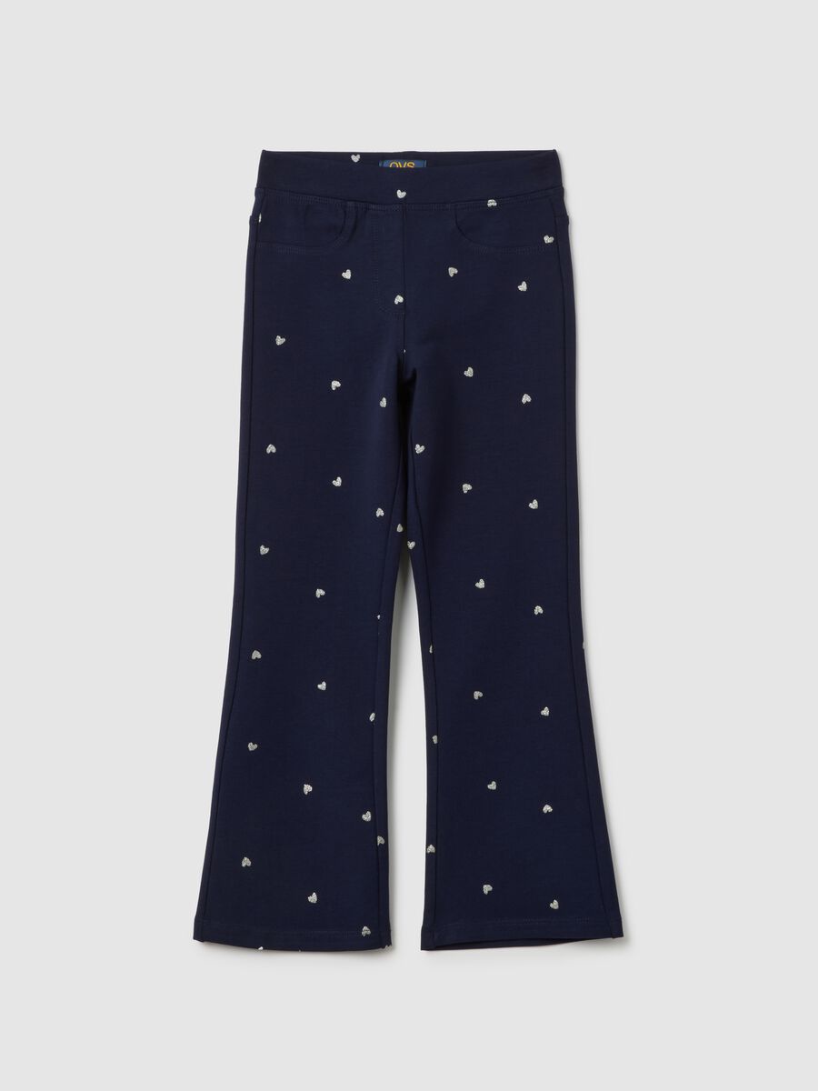 Girls' blue cotton flare trousers with hearts_0