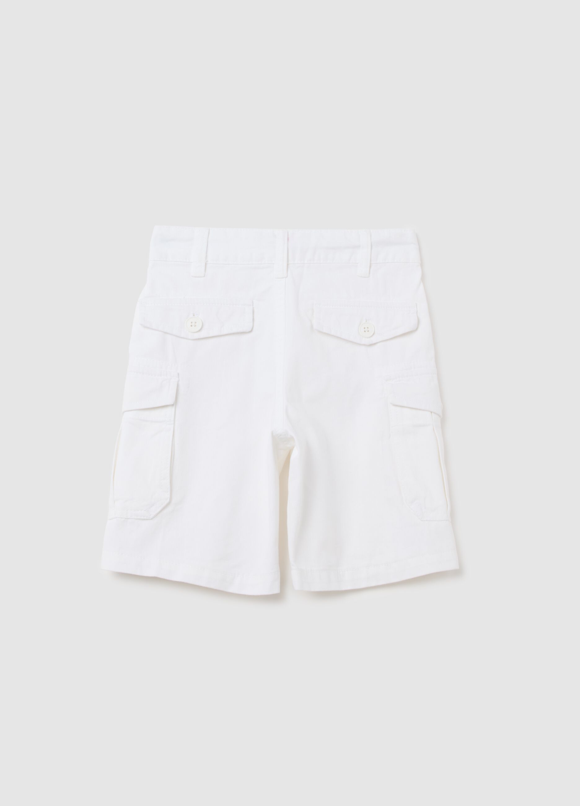 Children's white regular fit cotton cargo bermuda shorts with side pockets