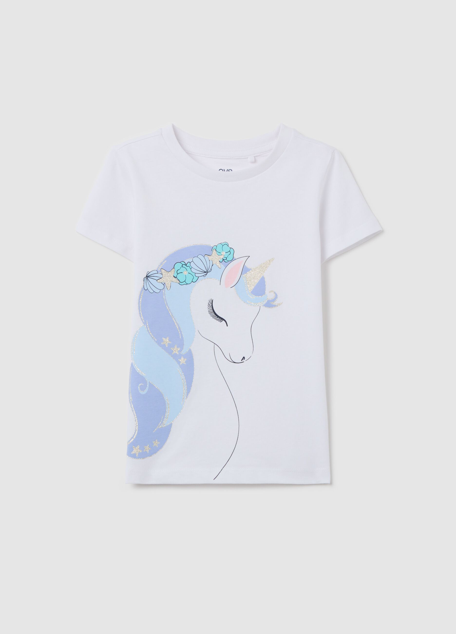 White cotton T-shirt with glitter print