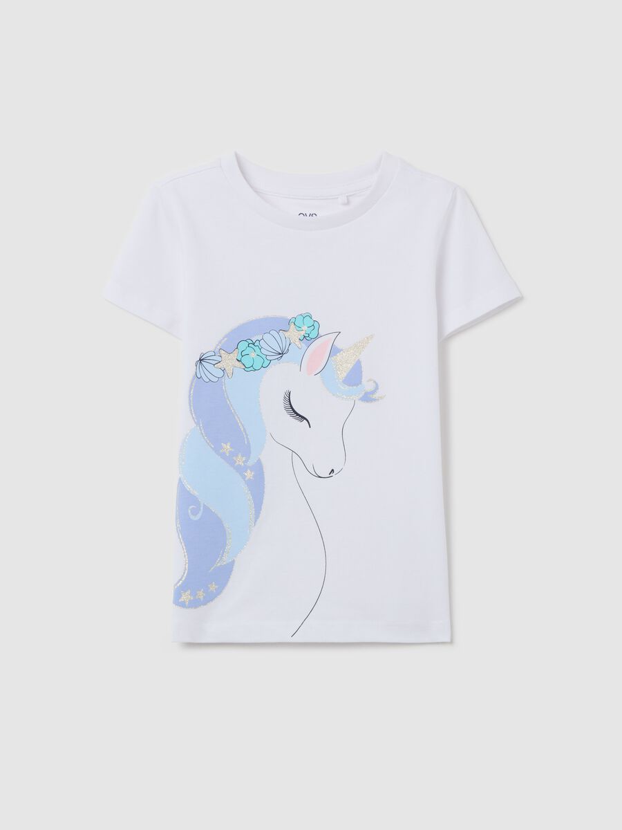 White cotton T-shirt with glitter print_0