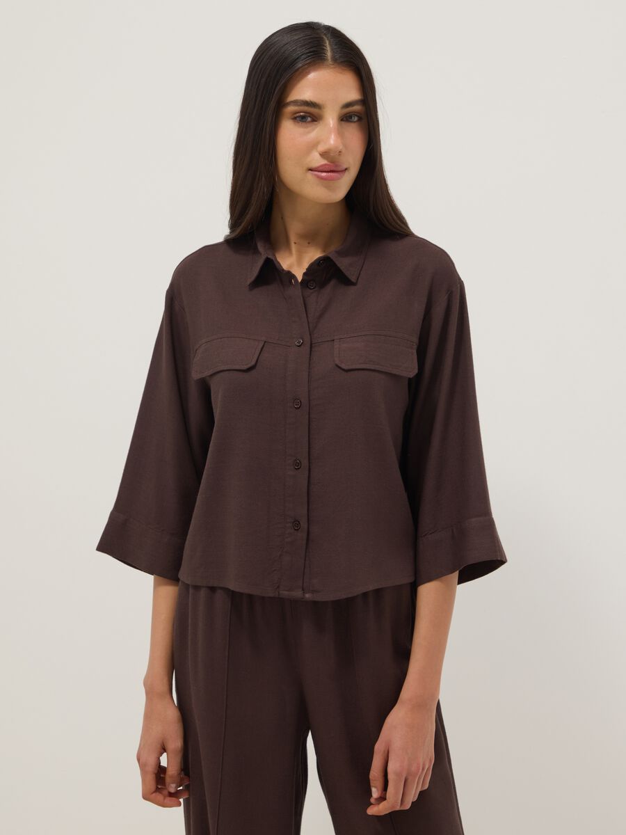 Brown viscose and linen blend shirt, regular fit_1