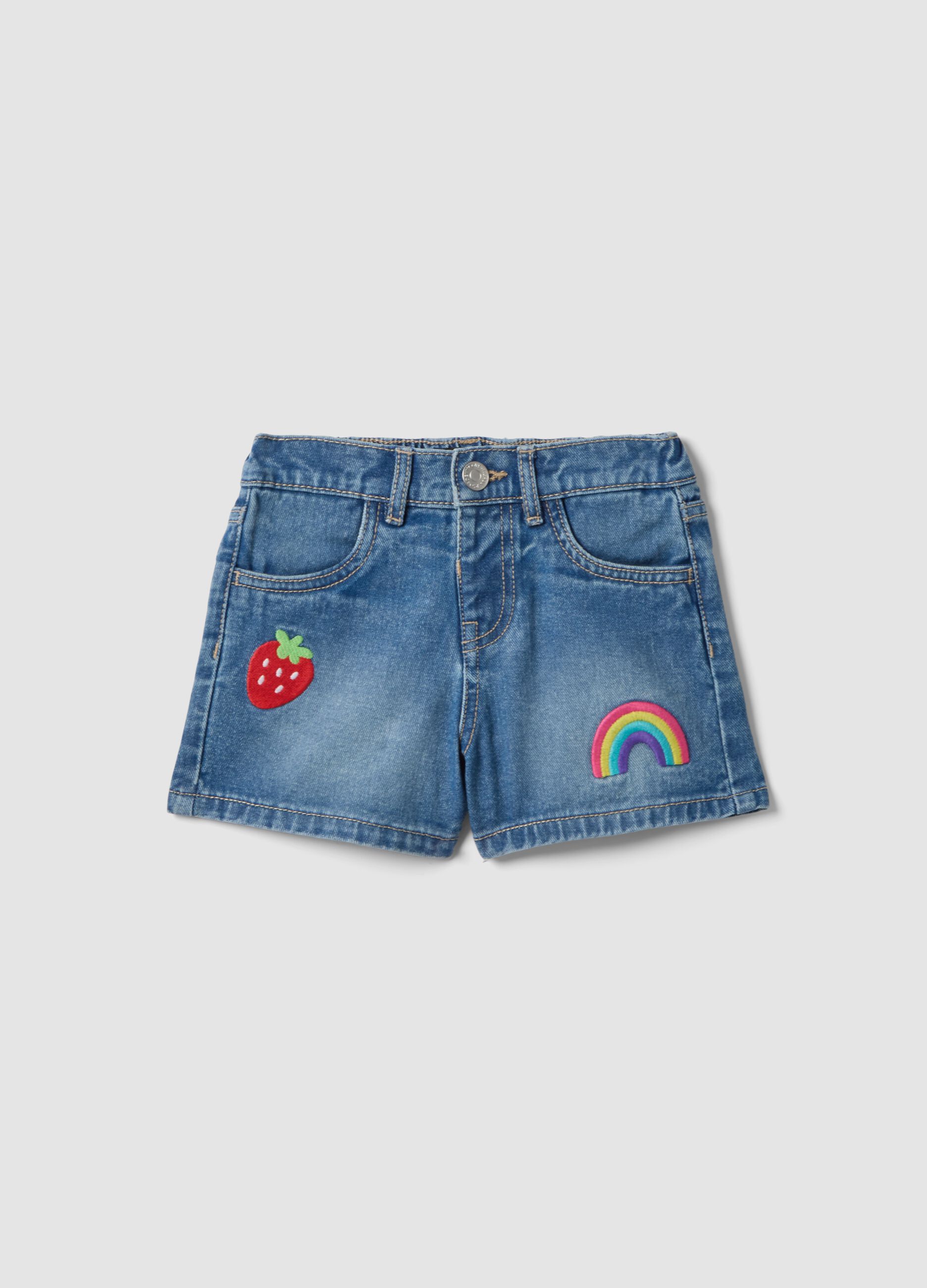 Blue pure cotton girls&rsquo; denim shorts, wide leg with embroidery