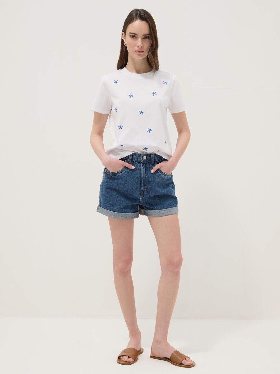 White pure cotton T-shirt with star embroidery_2