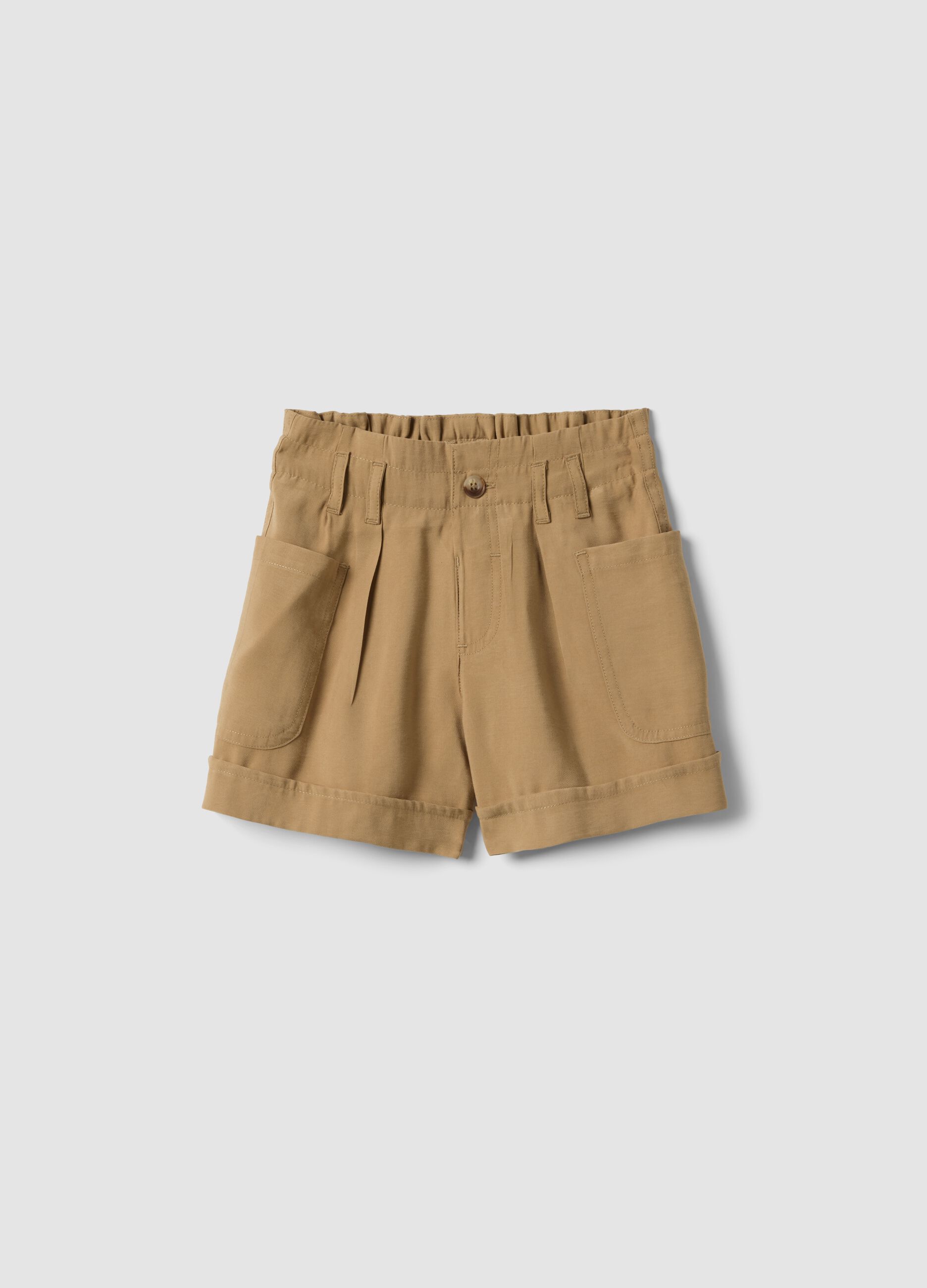 Beige modal-blend shorts with elasticated paper-bag waist