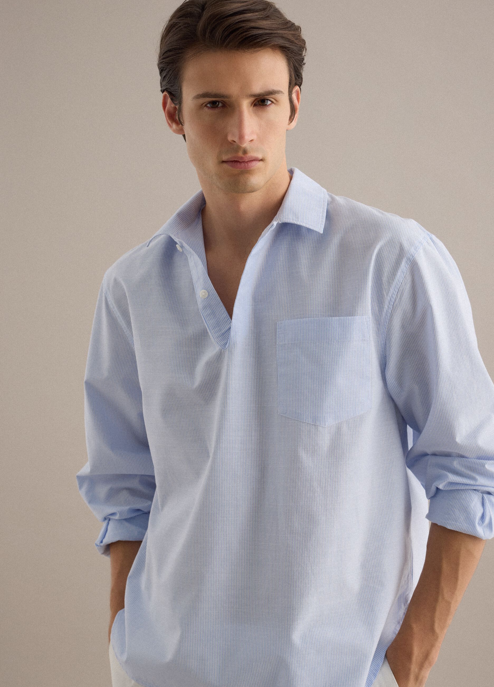 Short-sleeved pure cotton multicoloured striped shirt regular fit