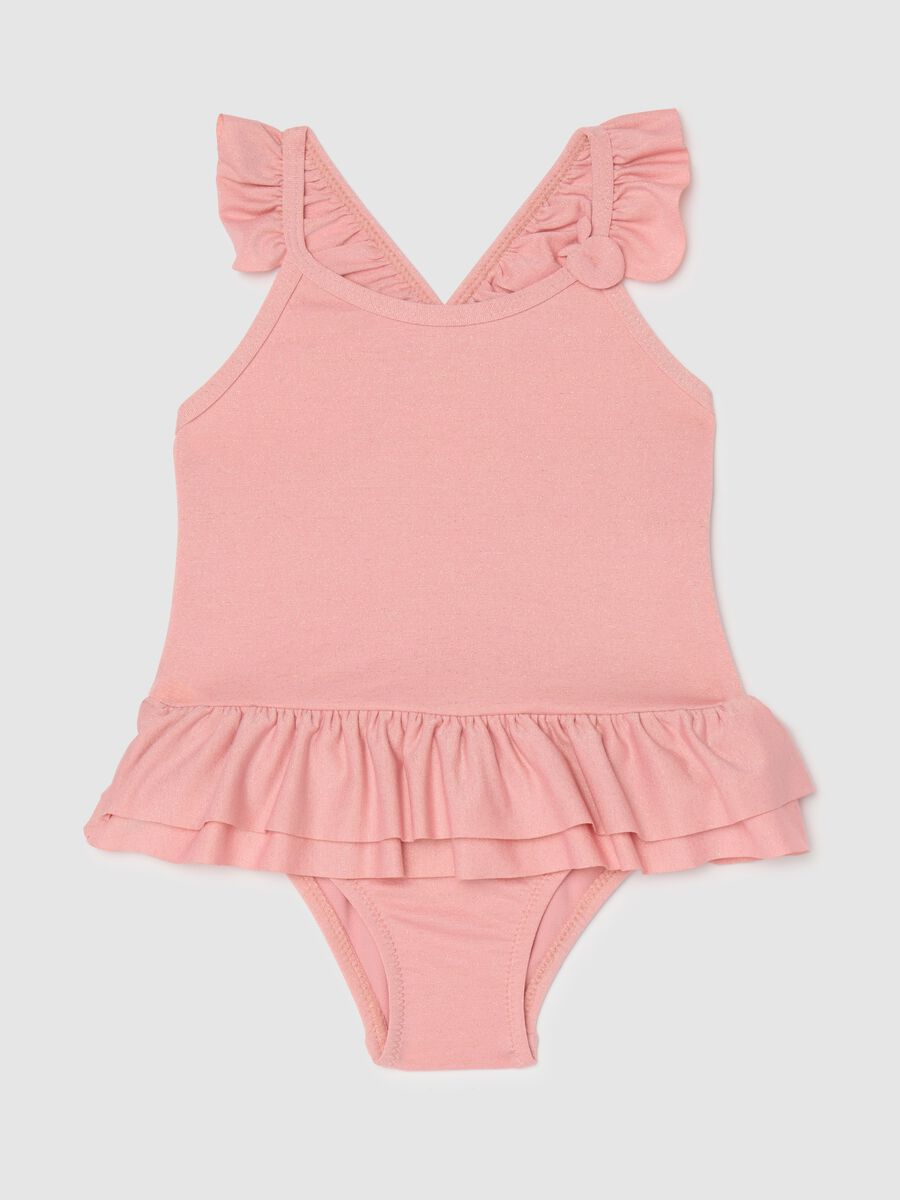 Girl's pink stretch fabric bodysuit with ruffles_0