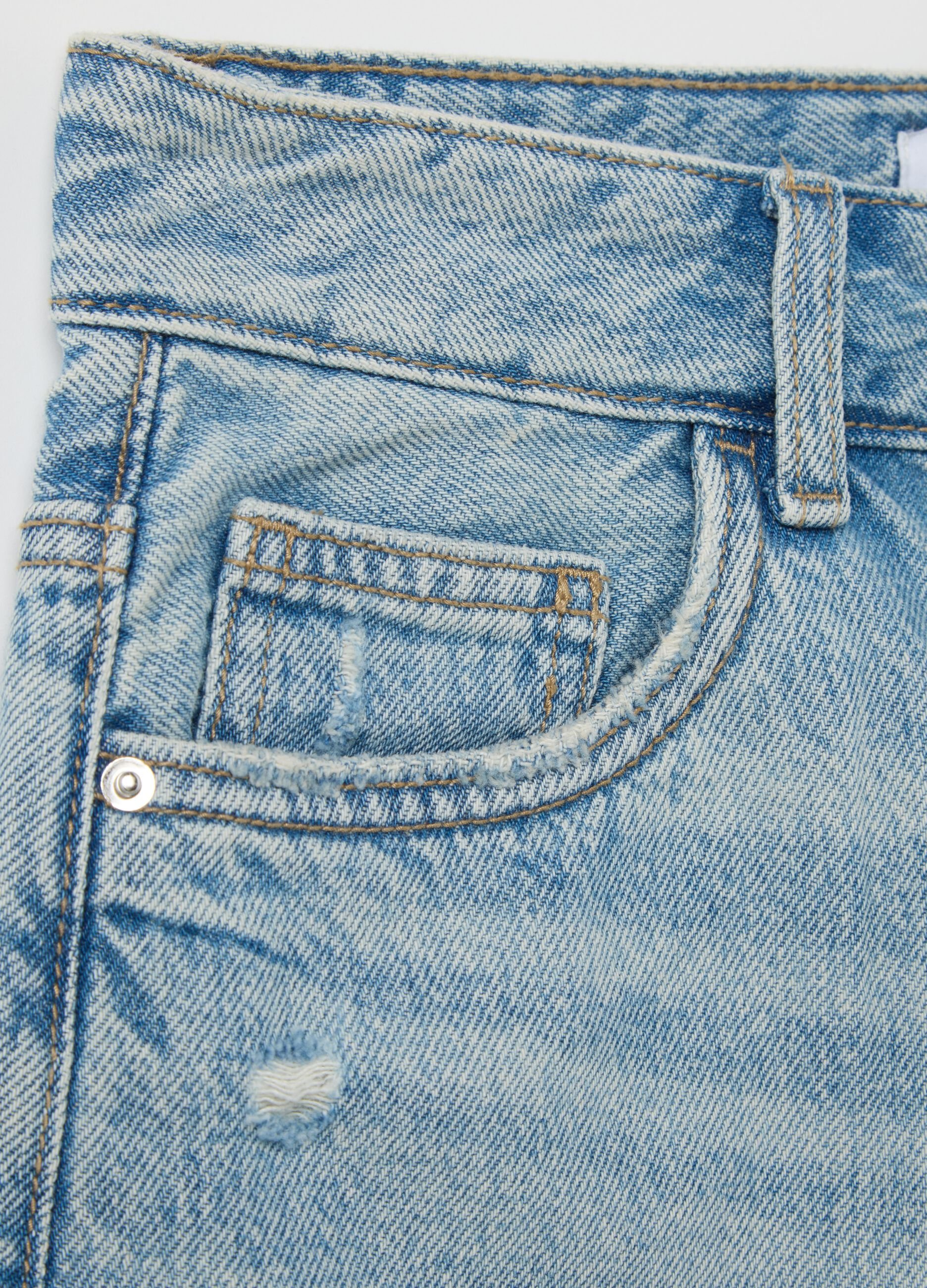 Light Denim Shorts with Distressed Details