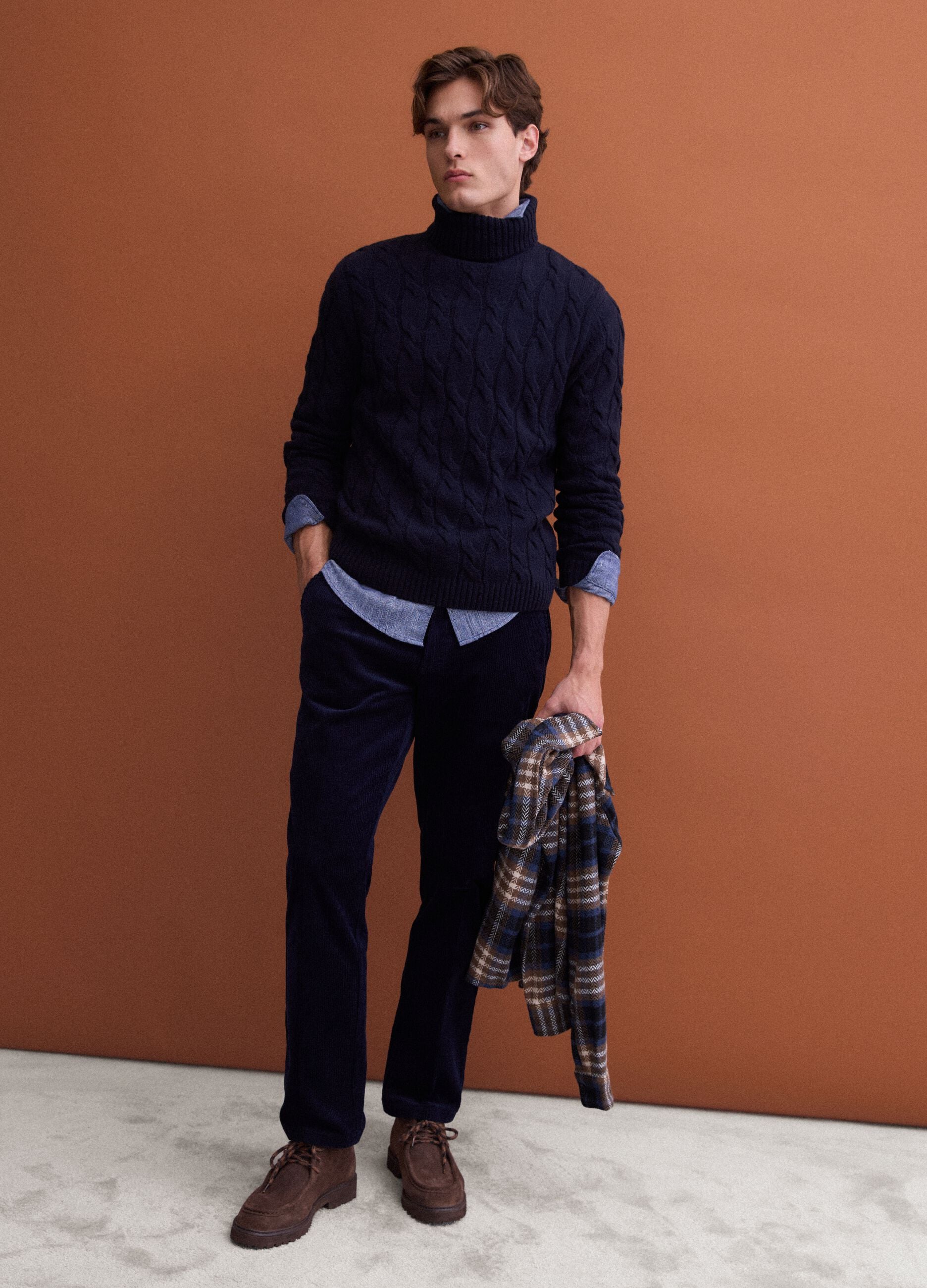 Navy stretch cotton corduroy regular-fit chino trousers