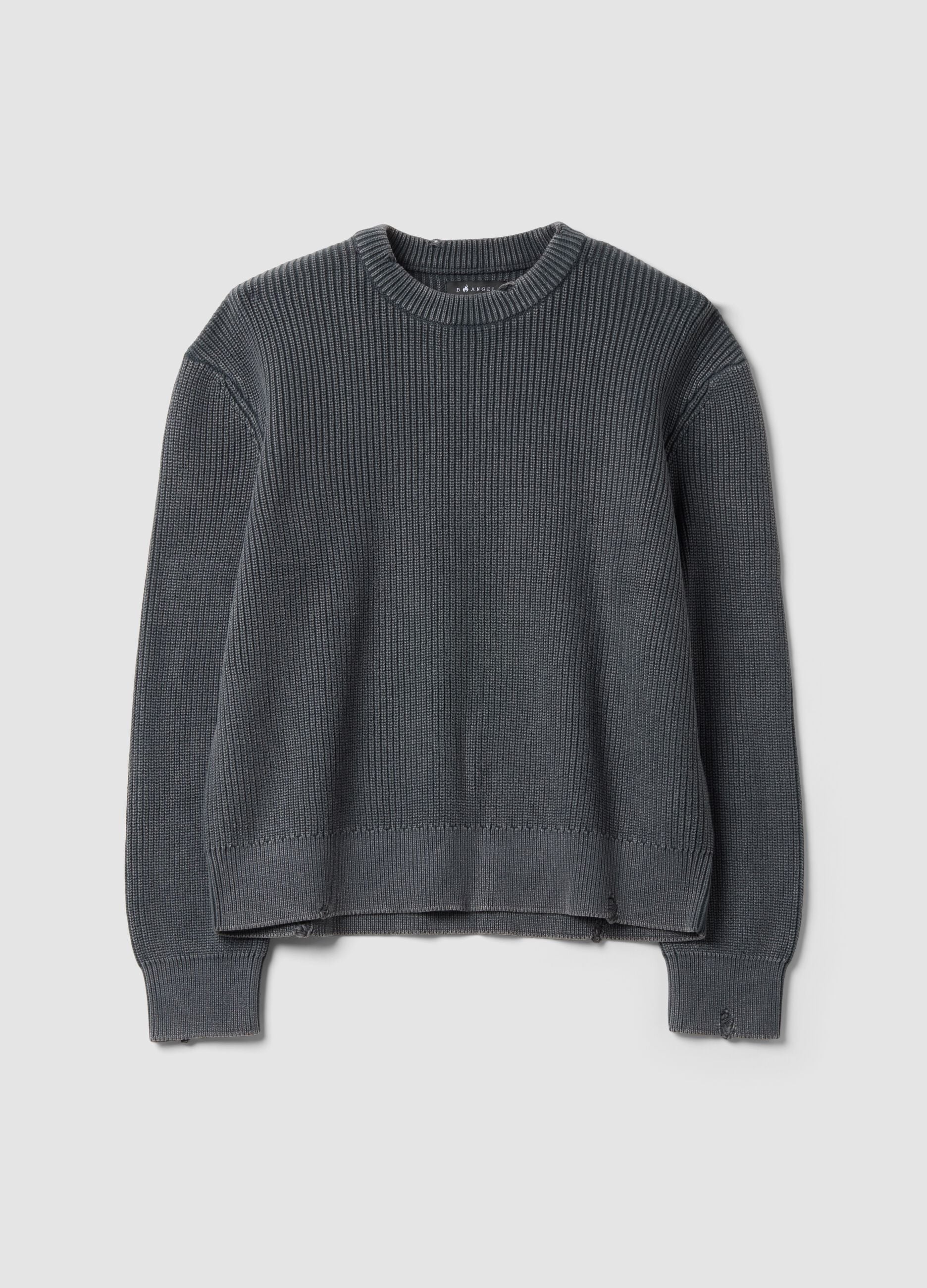 Grey pure cotton ribbed crew-neck jumper, regular fit