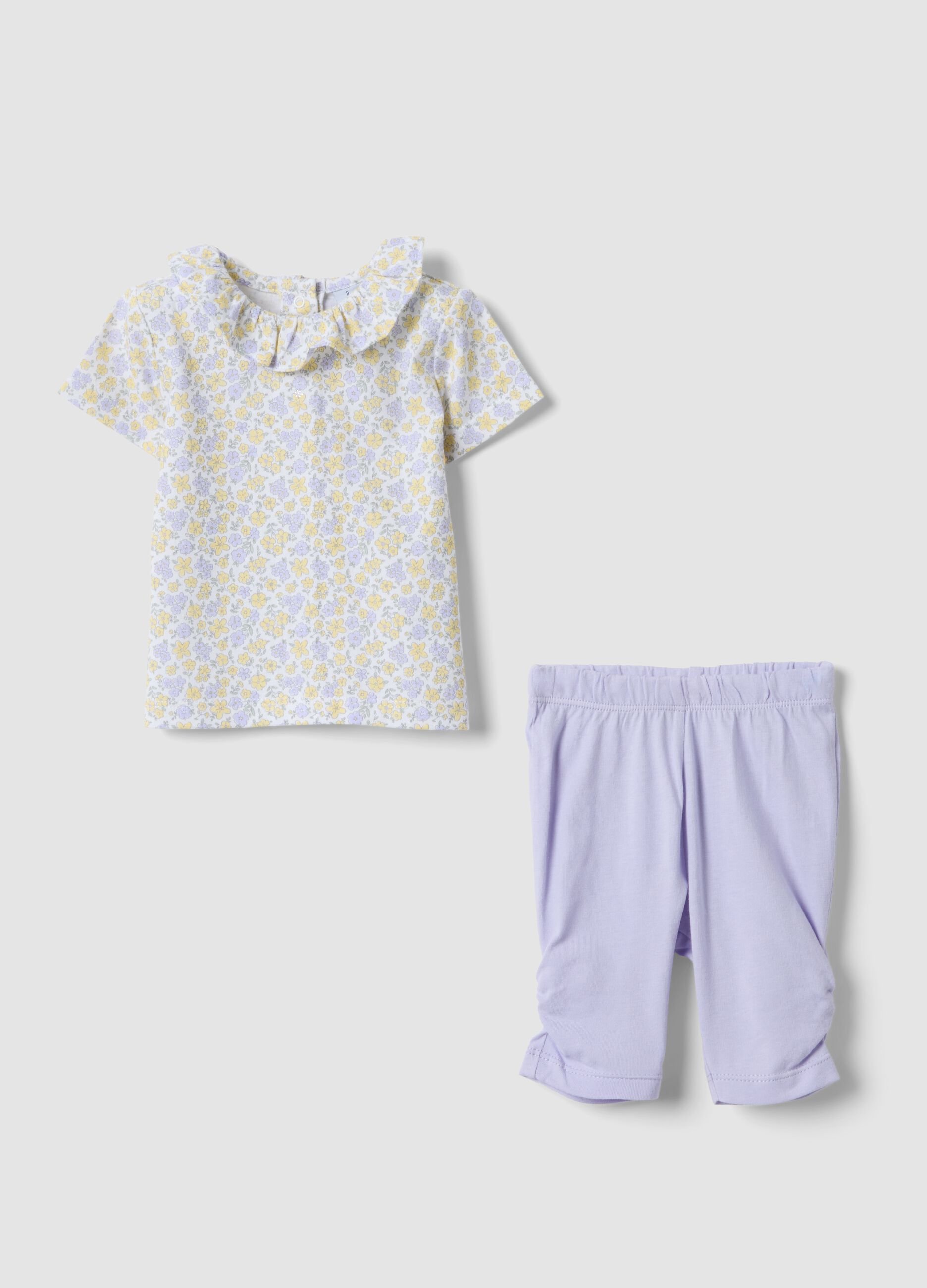 Purple and white pure organic cotton set with floral top and leggings