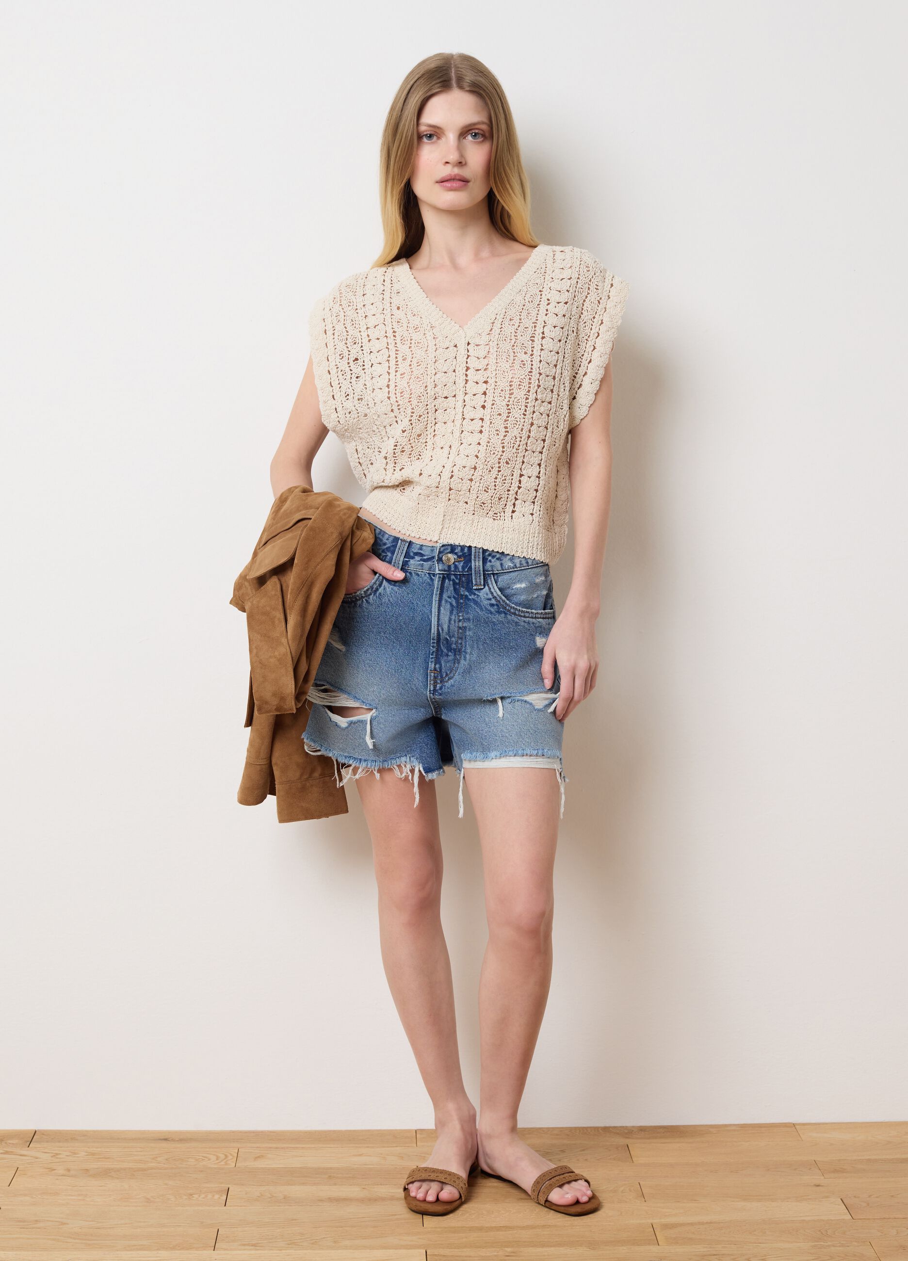 Top cropped da donna in cotone beige regular fit