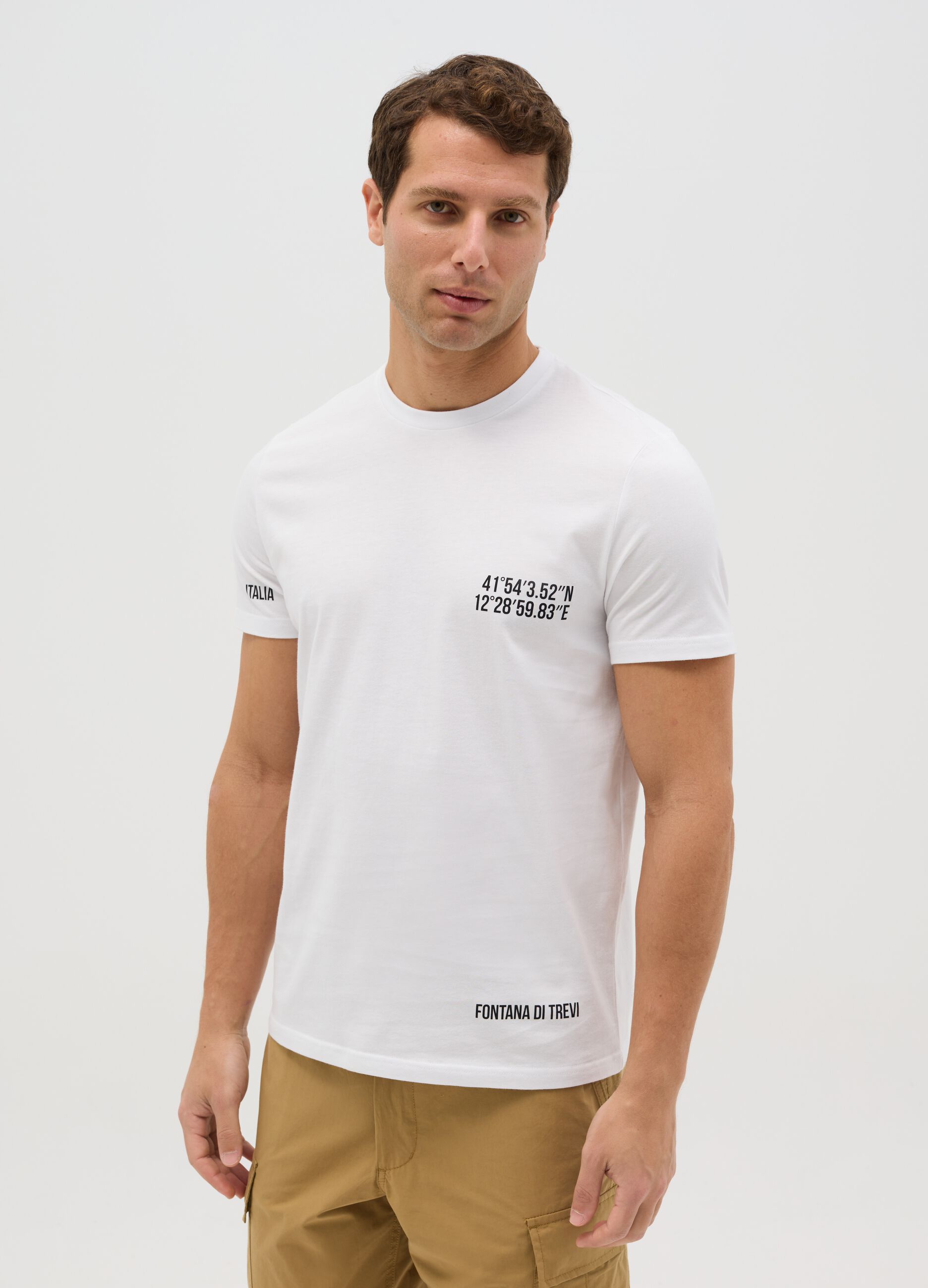 Cotton T-shirt with Trevi Fountain coordinates print