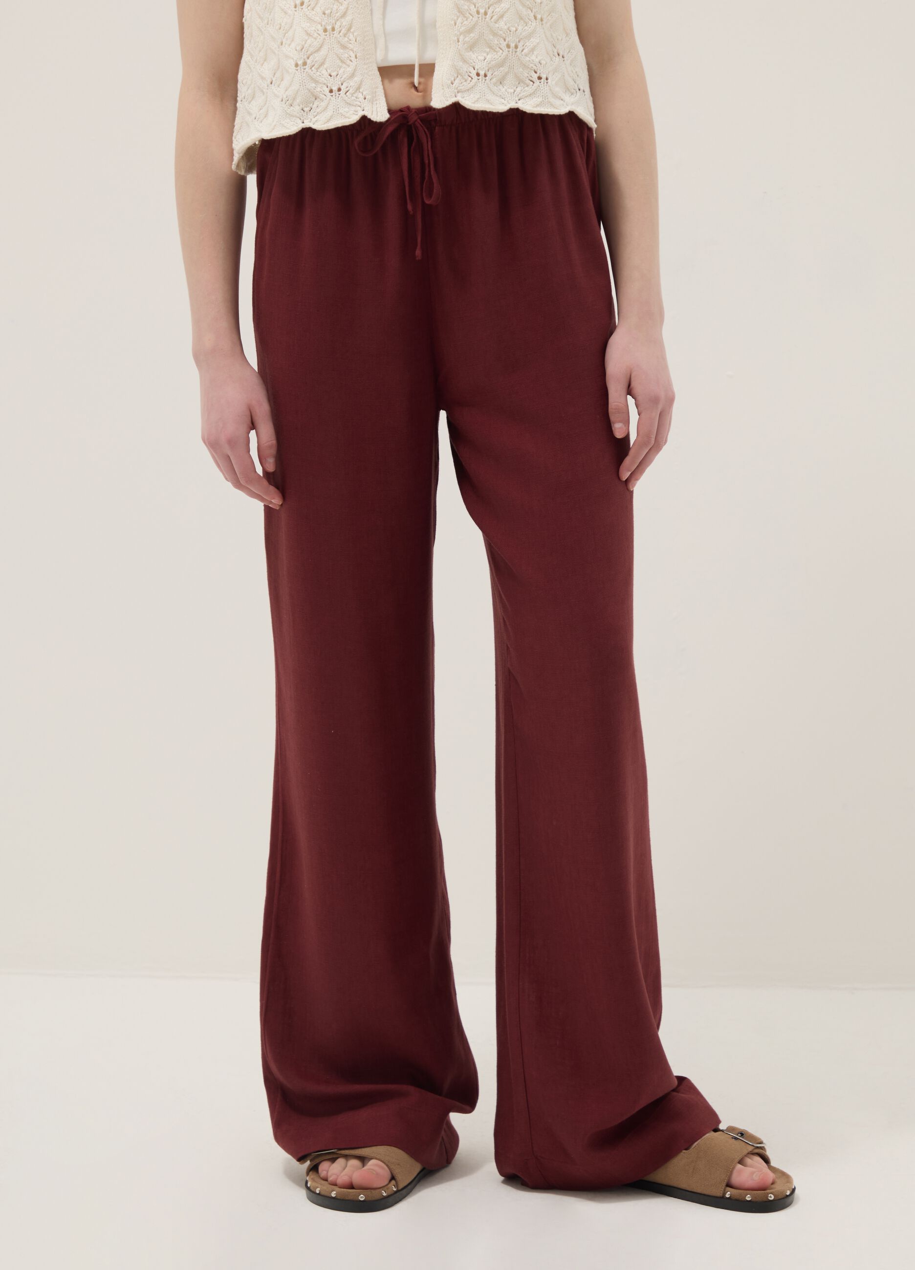 Red viscose-linen blend relaxed fit jogger trousers