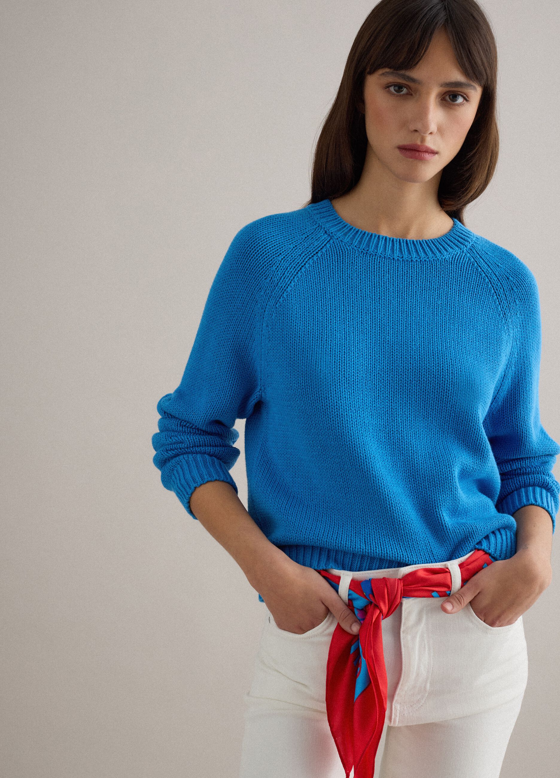 Blue crew neck jumper in pure cotton regular fit