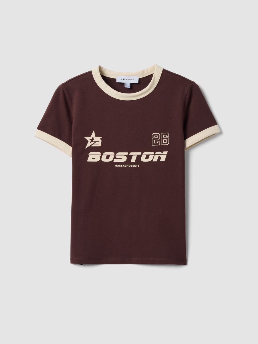 Brown cotton T-shirt with front graphic print and contrast trims_4