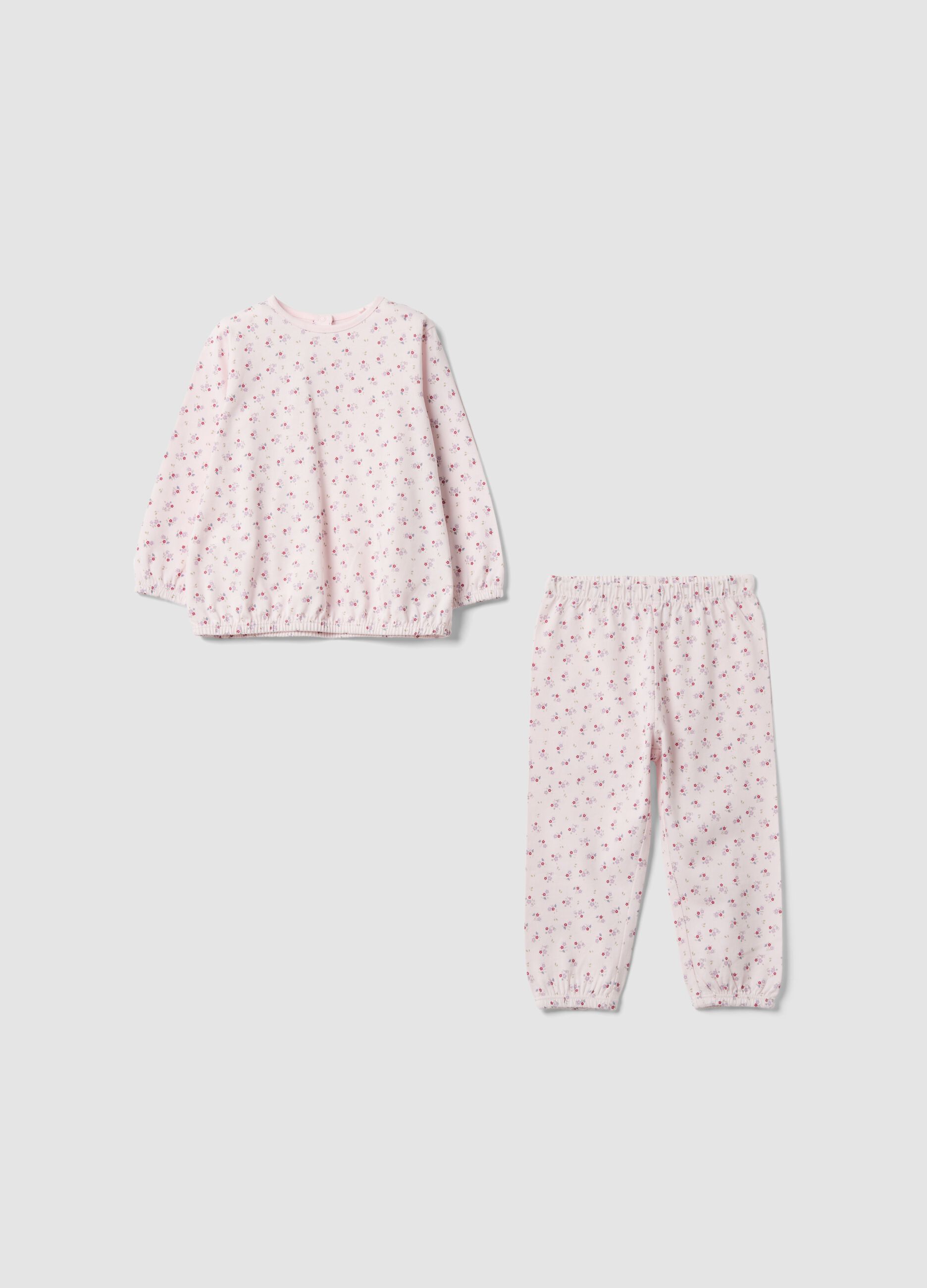Pigiama rosa in puro cotone jersey organico con fantasia floreale per neonata e bimba