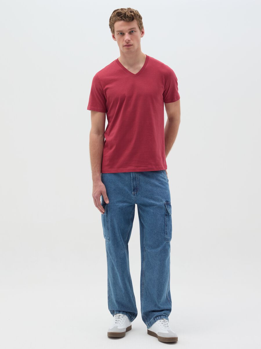 Slub cotton T-shirt with V neck_1
