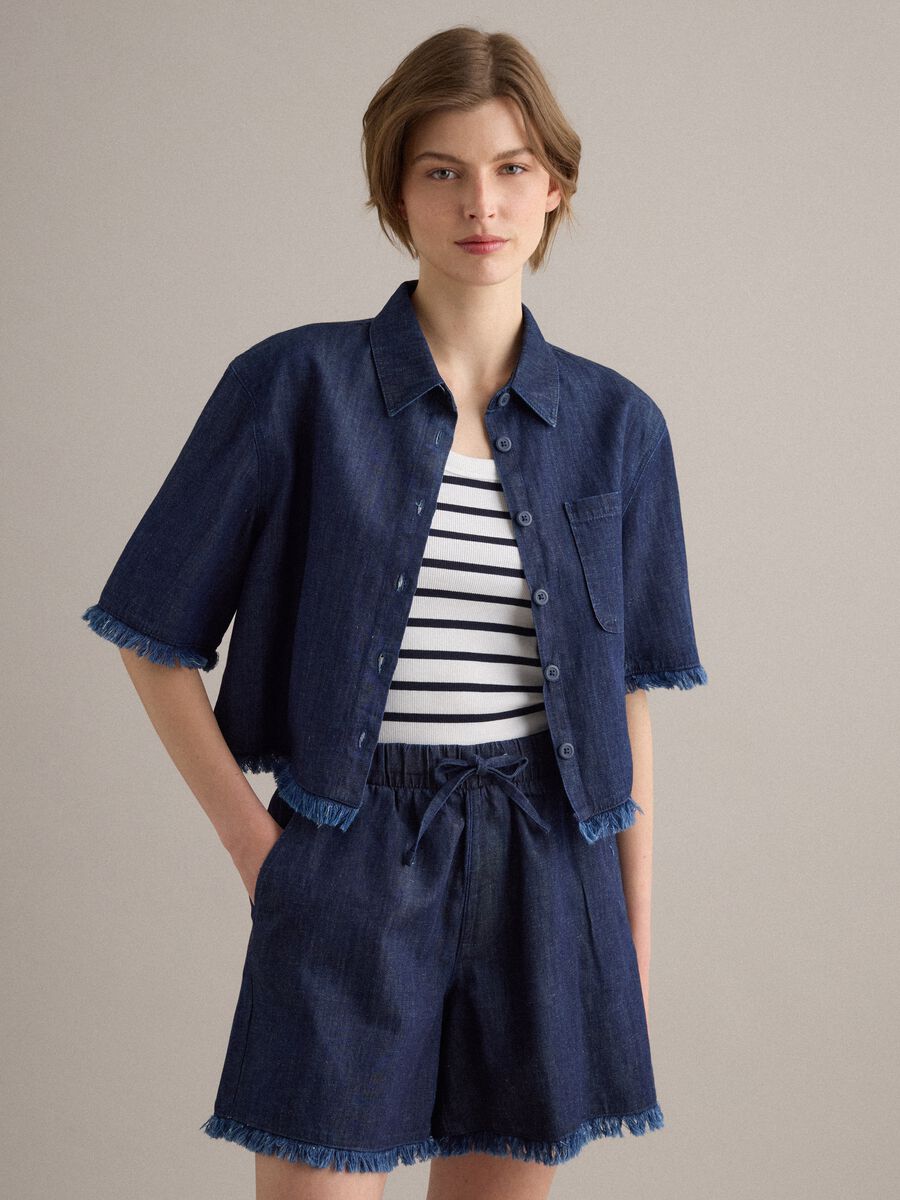 Blue denim shirt in cotton blend, oversized fit with frayed hem_1